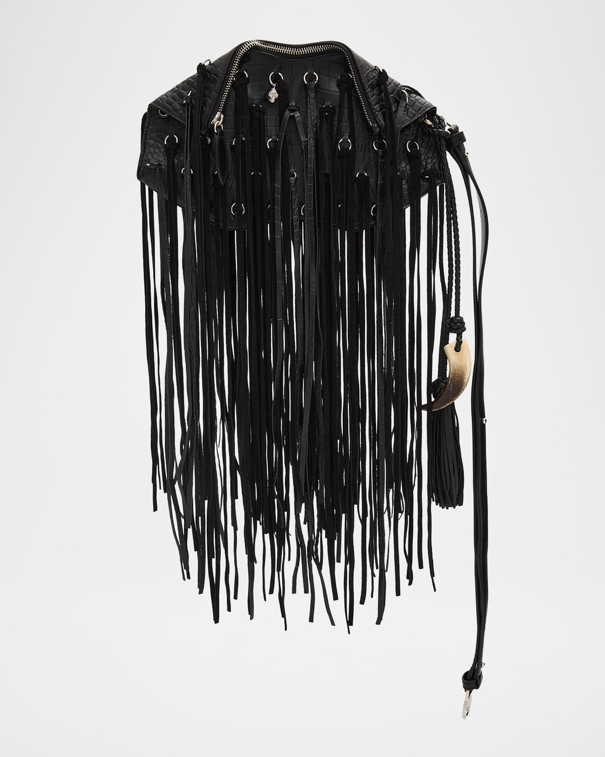 Manta Fringed Croc-Embossed Leather Shoulder Bag
