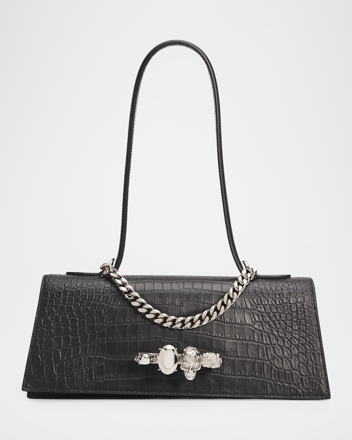 Croc-Embossed Jeweled Shoulder Bag