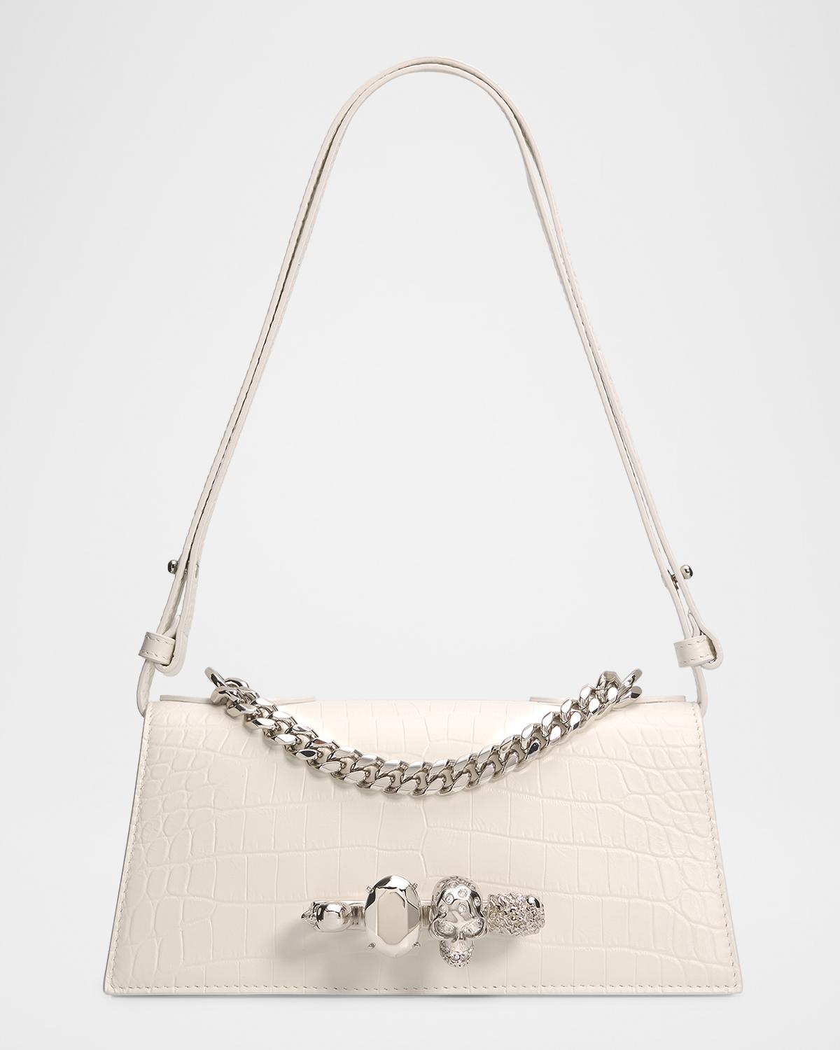 Jeweled Croc-Embossed Leather Shoulder Bag