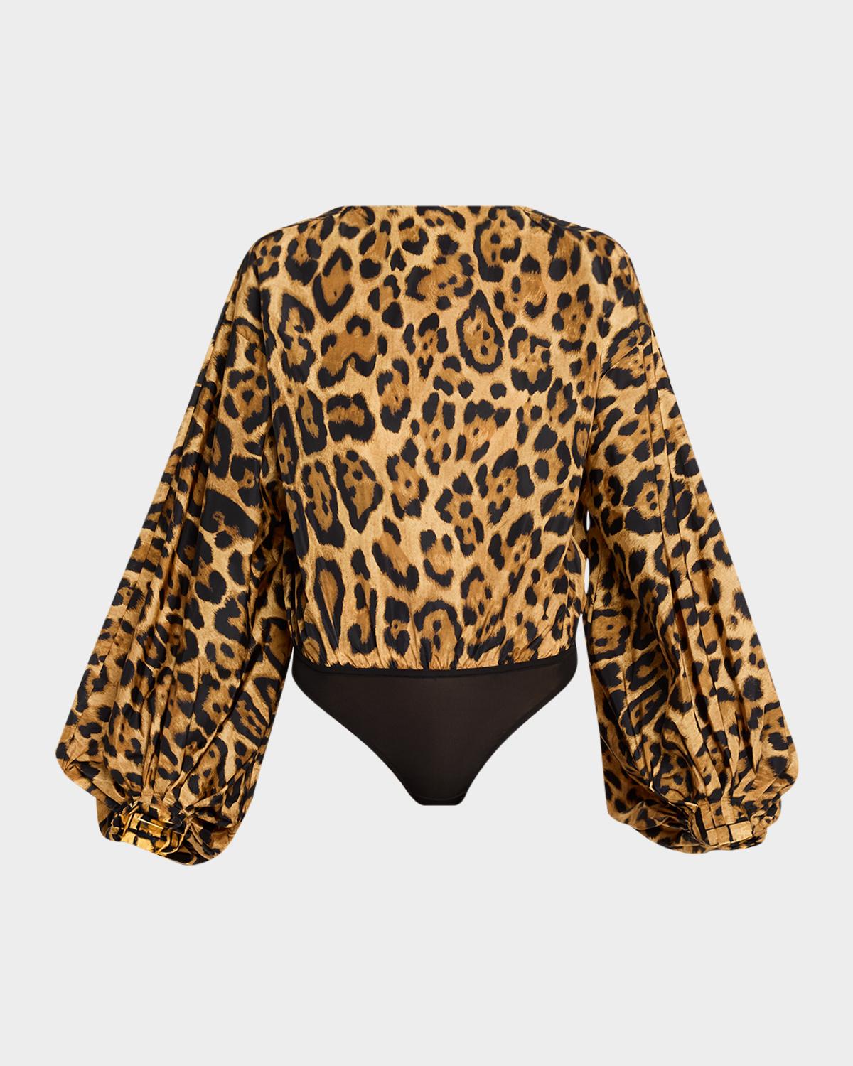 Leopard-Print Balloon-Sleeve Backless Bodysuit