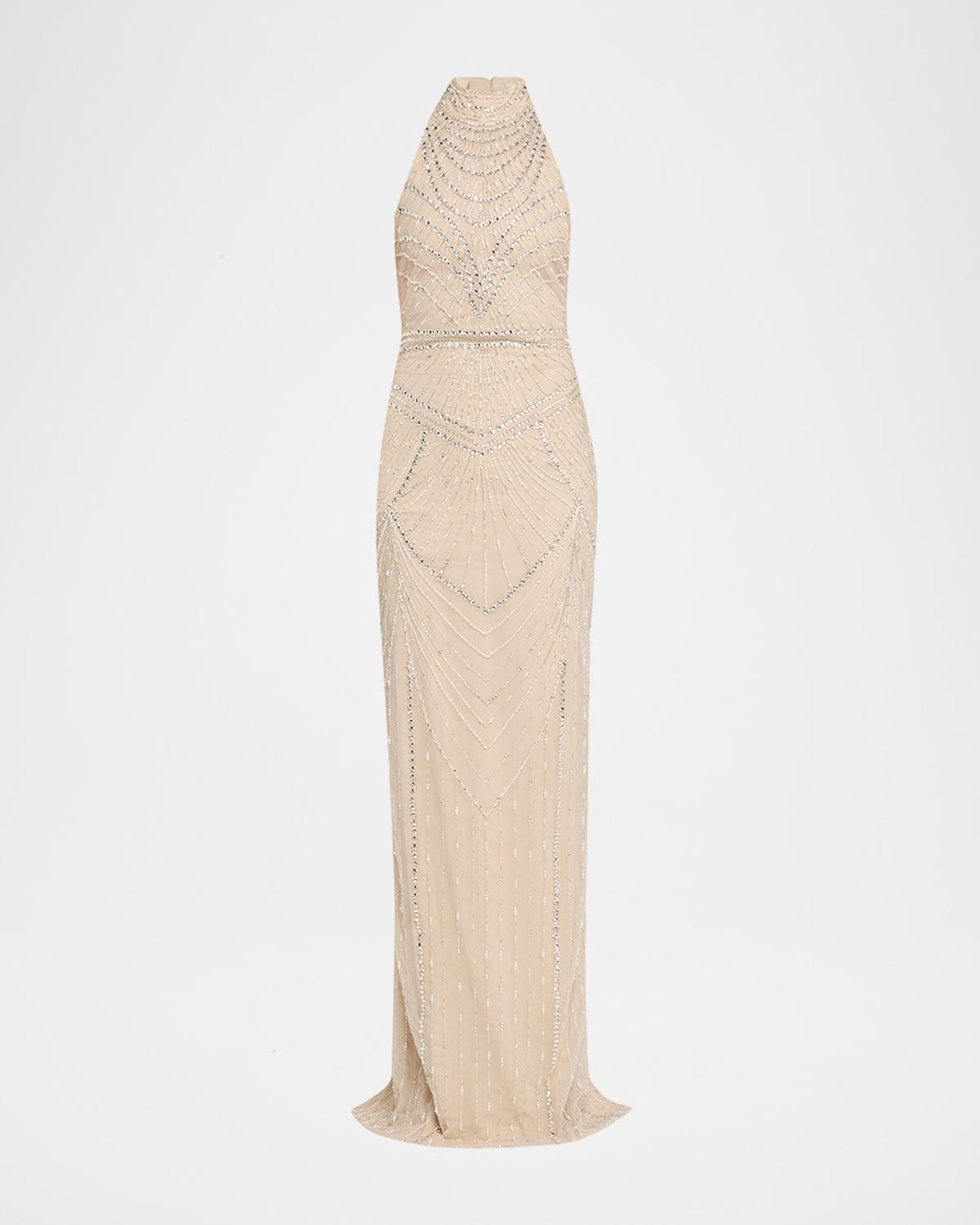 Embroidered Tulle Halter Gown