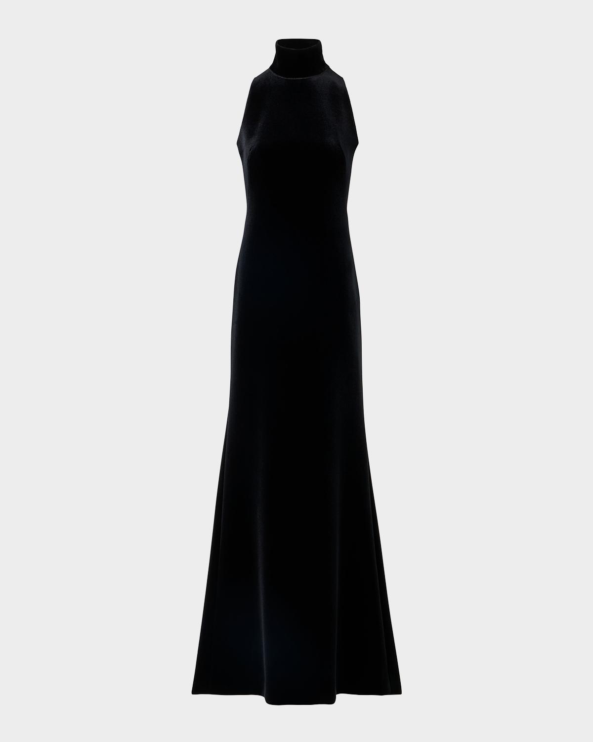 Mock-Neck Fringe Knot Sleeveless Velvet Trumpet Gown