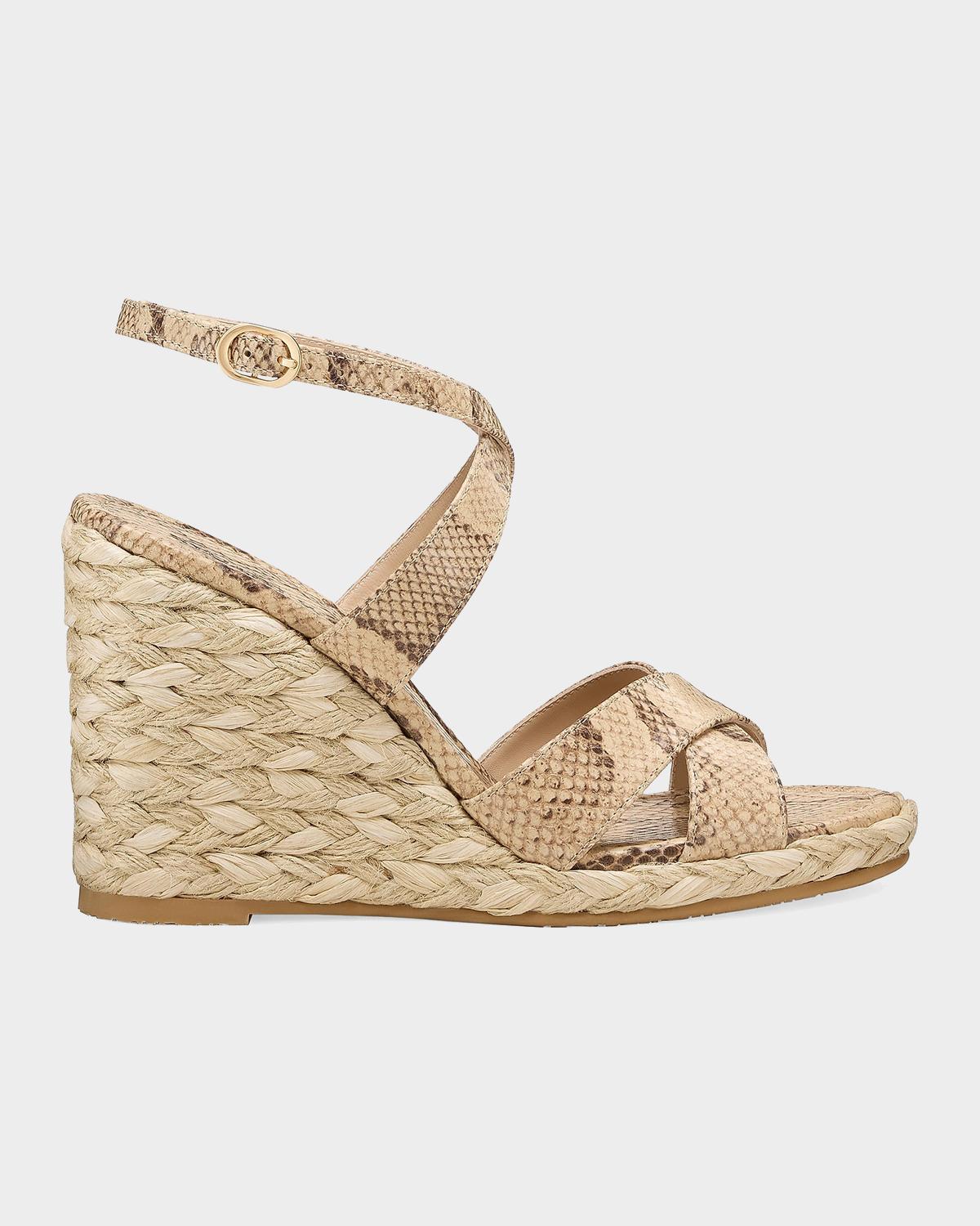 100mm Alyssa Snake-Printed Leather Espadrille Wedge Sandals