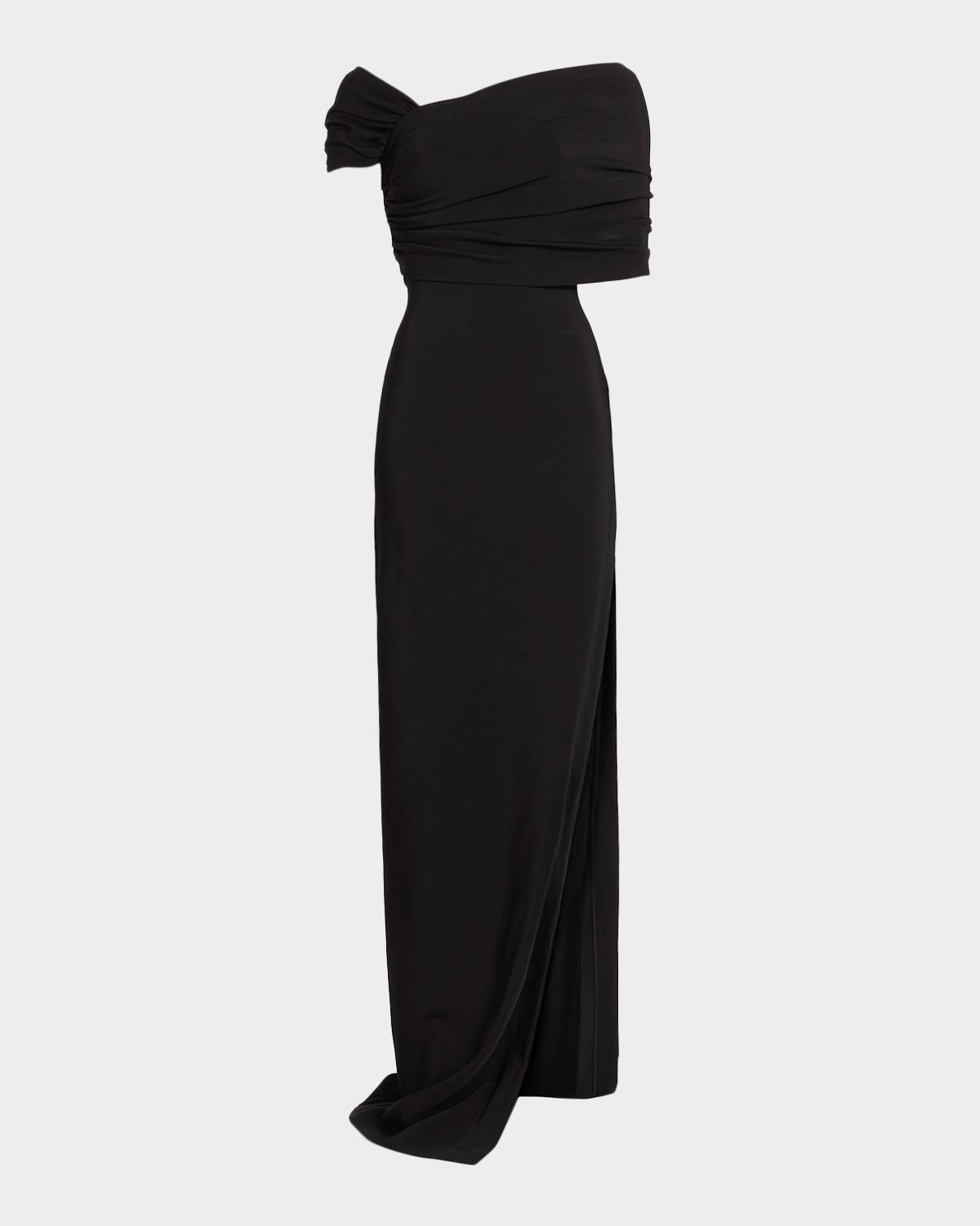 Asymmetric Draped Off-The-Shoulder Column Gown