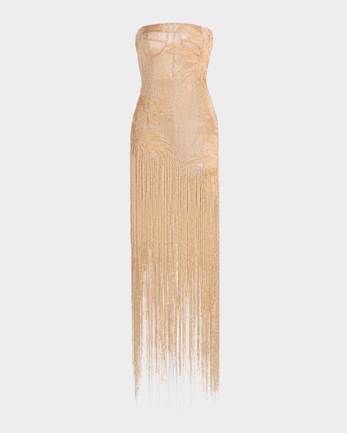Strapless Palm Raffia Embroidered Fringe Gown