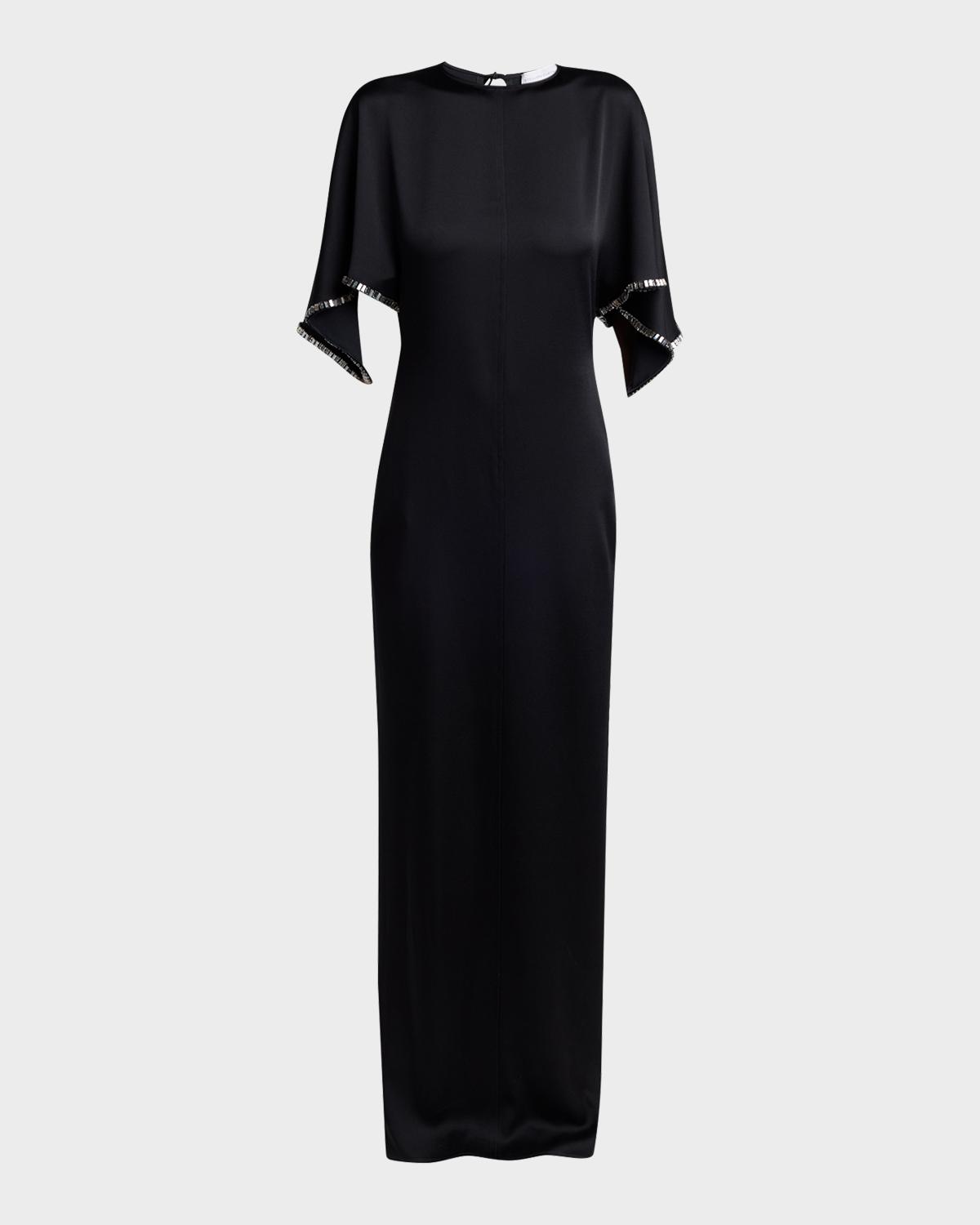 Embellished Flutter-Sleeve Satin Column Gown