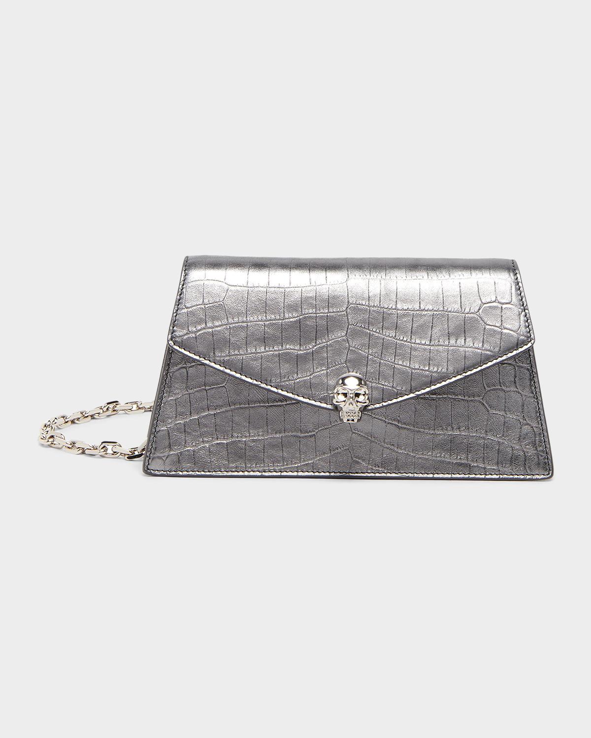 Skull Mini Croc-Embossed Leather Shoulder Bag