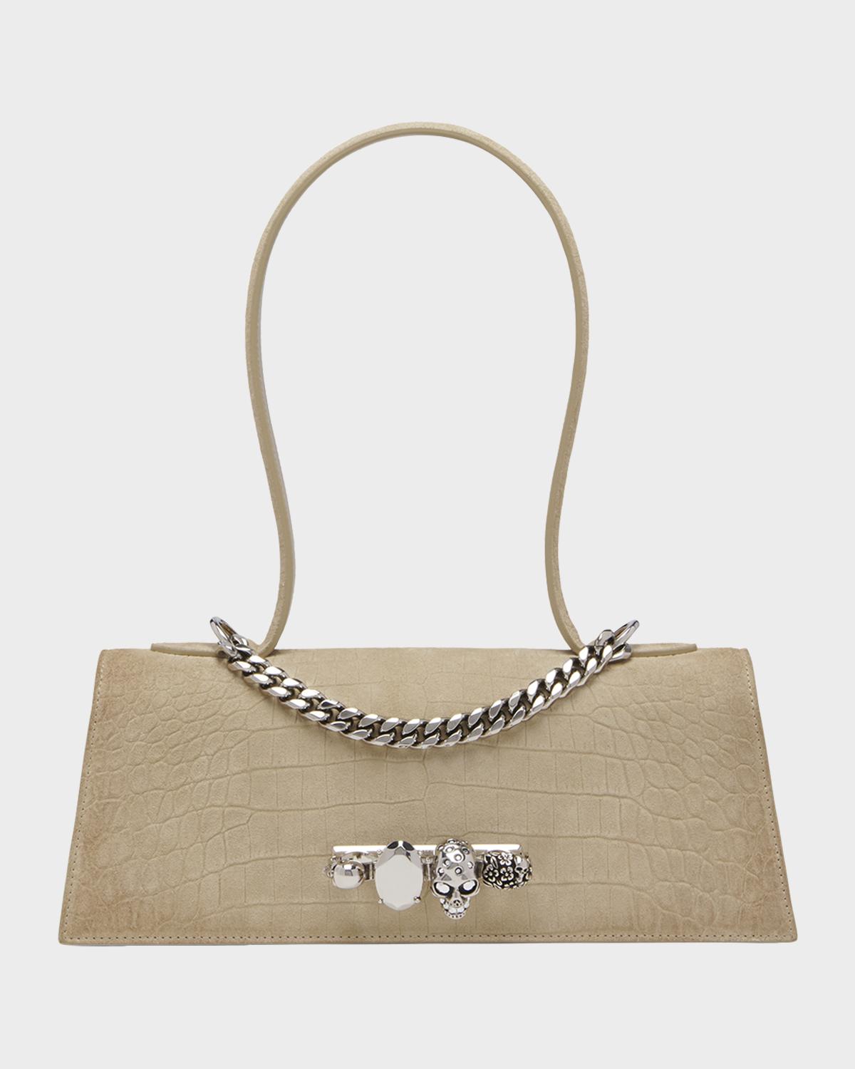 Jewelled Croc-Embossed Suede Top-Handle Bag
