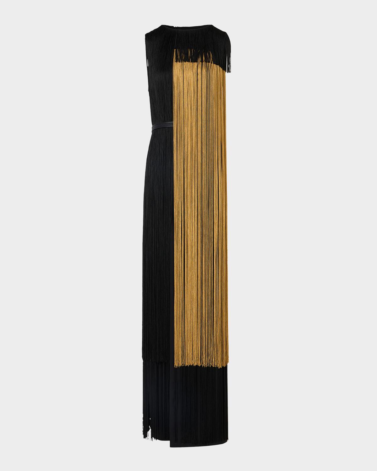 Colorblock Oro Lienzo Fringe Column Gown
