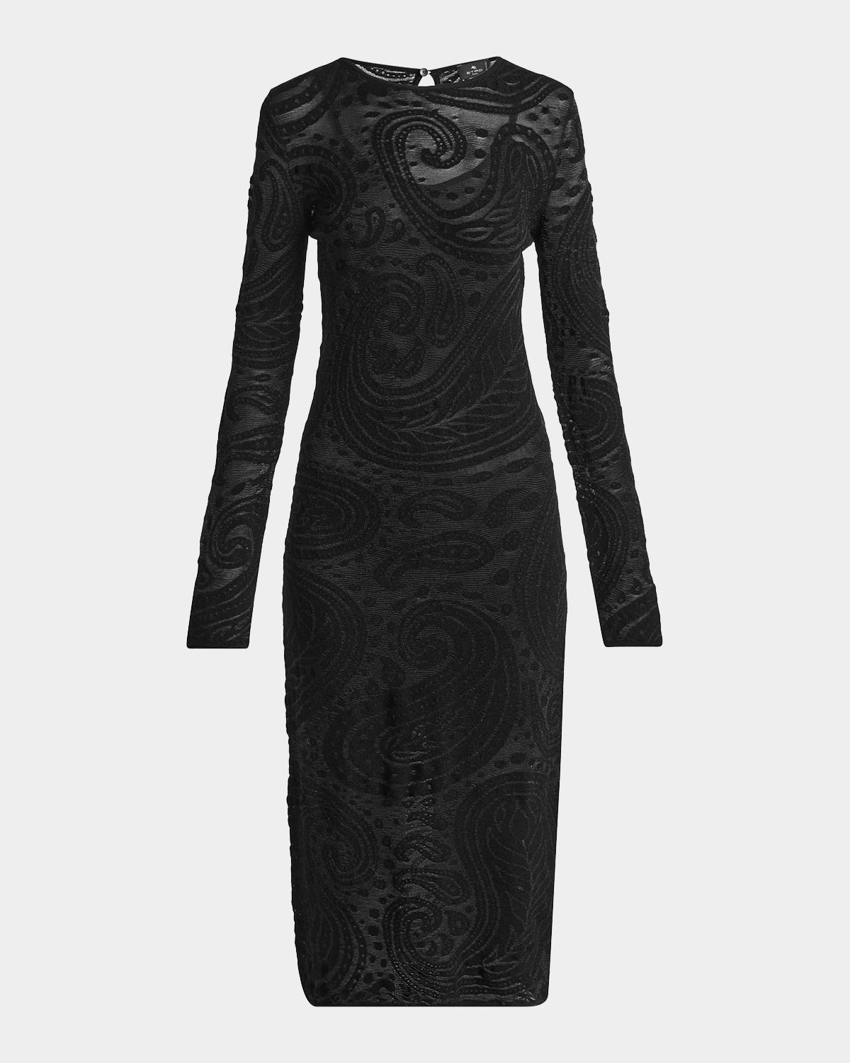 Sheer Paisley Knit Long-Sleeve Midi Dress