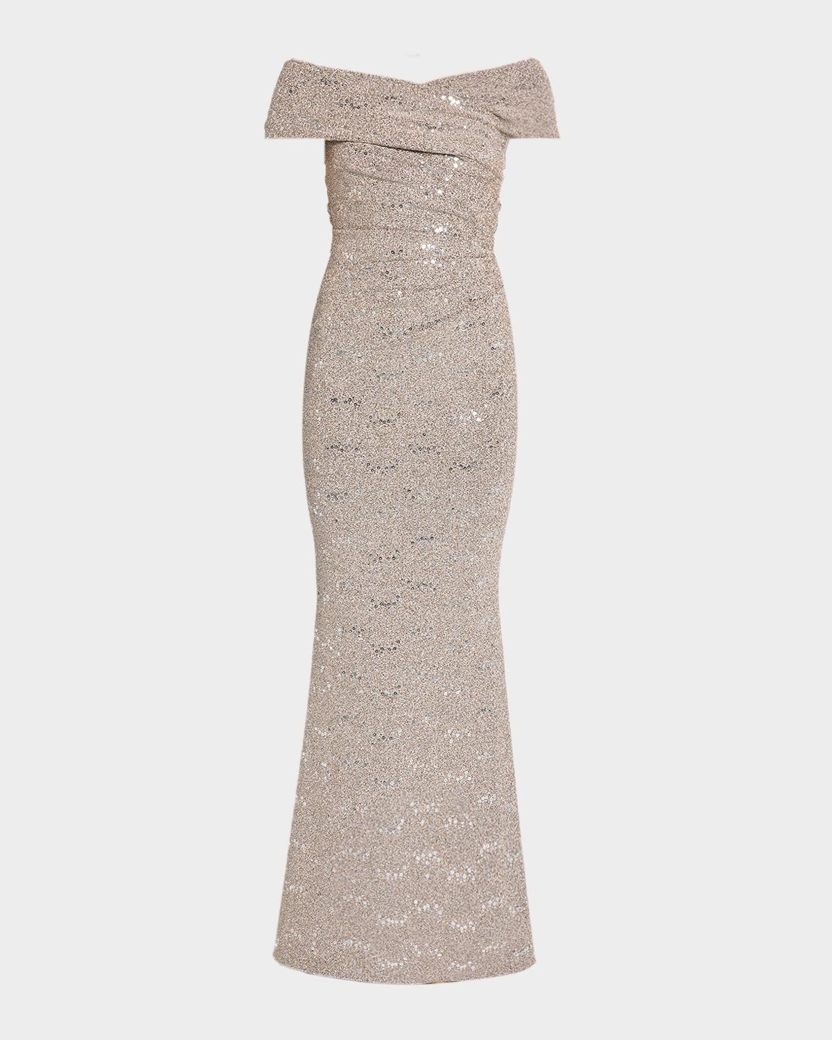 Crisscross Off-The-Shoulder Shimmering Jersey Gown