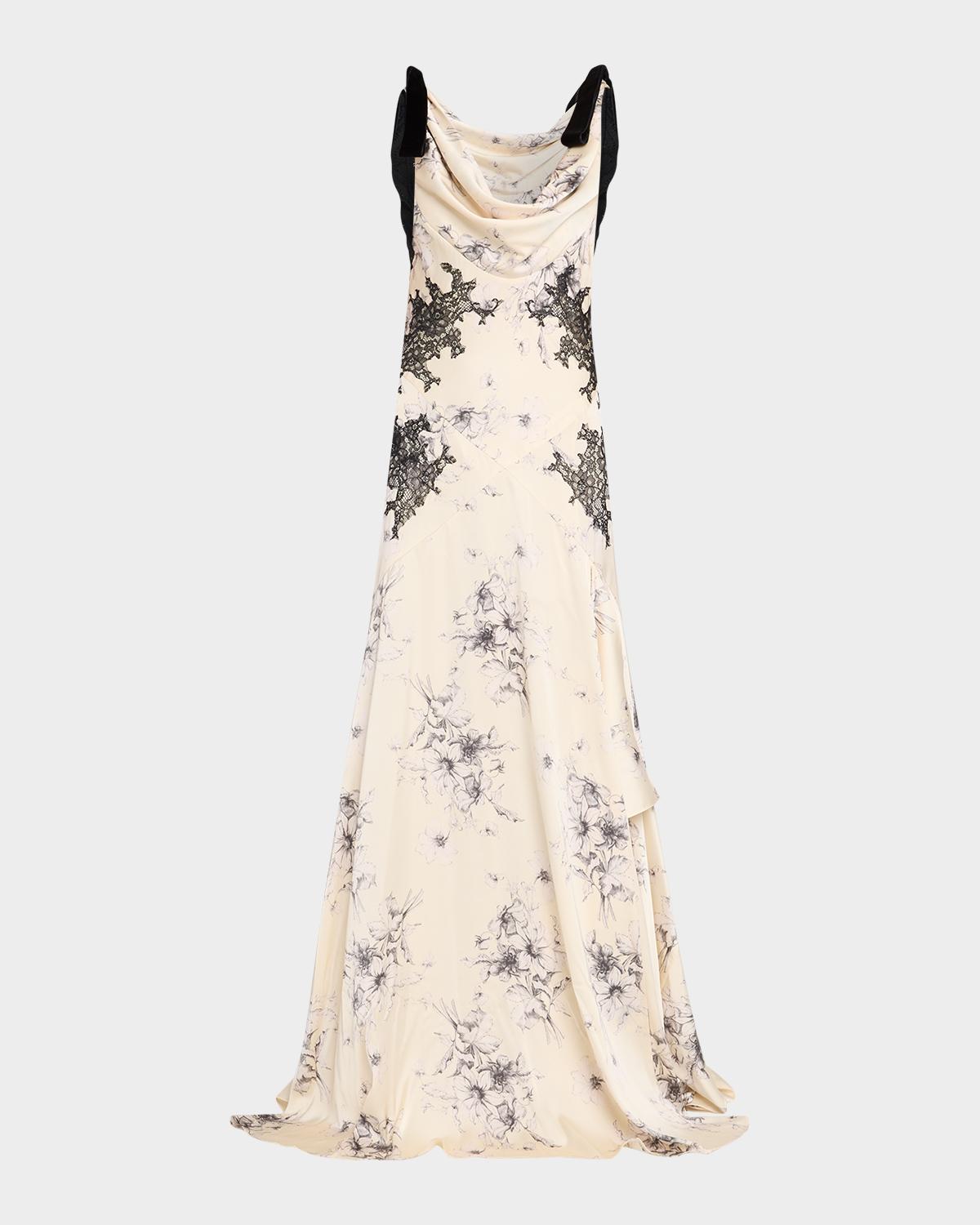 Hand-Sketched Floral Cowl-Neck Gown
