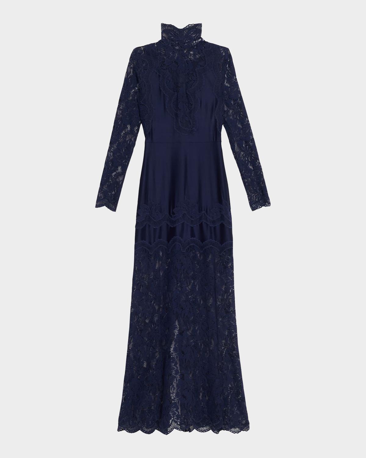 Long-Sleeve Stretch Lace Jersey Maxi Dress