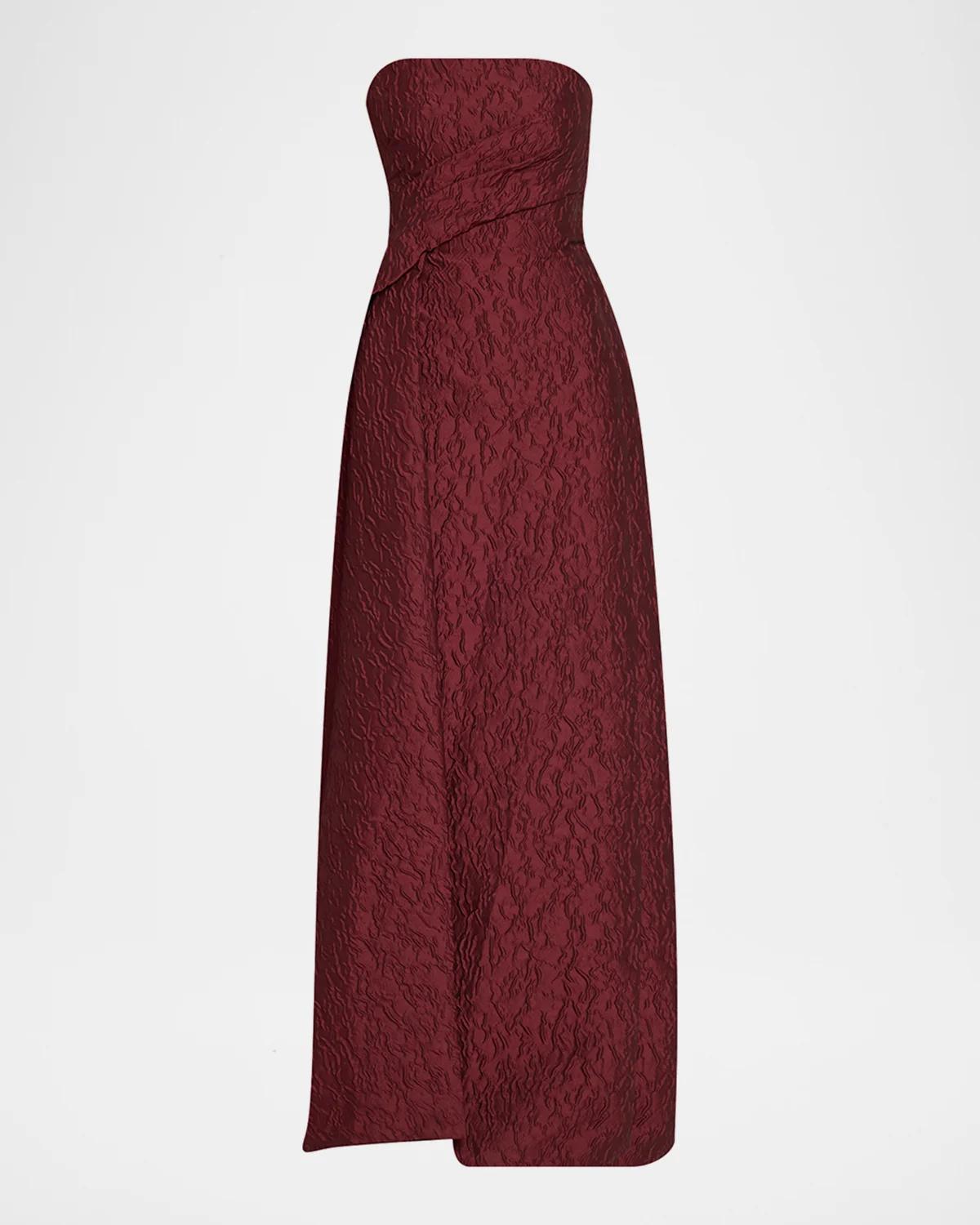 Strapless Textured Jacquard Draped Train Column Gown
