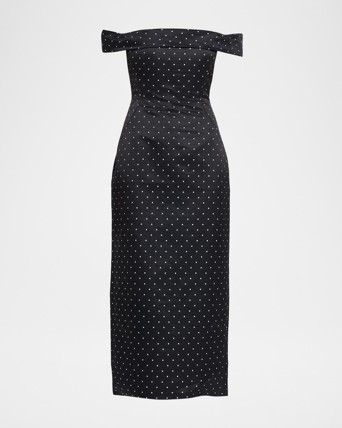 Polka-Dot Jacquard Off-The-Shoulder Midi Dress