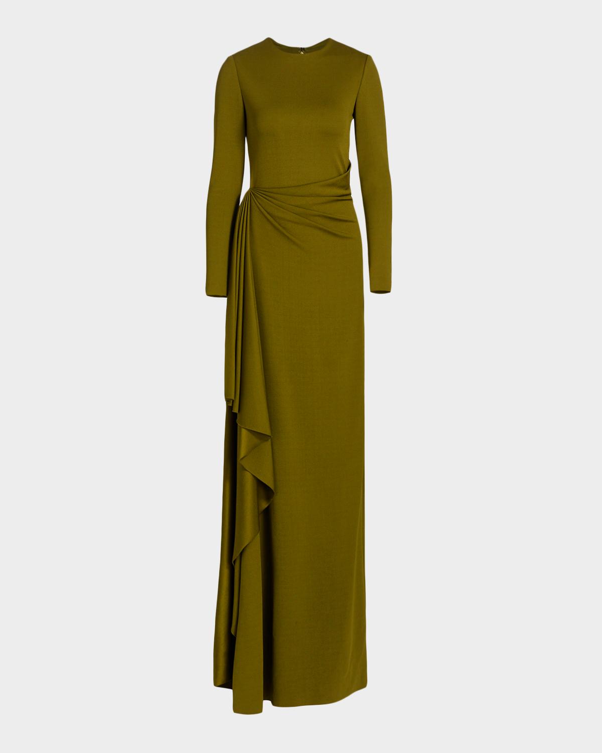 Long-Sleeve Draped Satin Jersey Gown