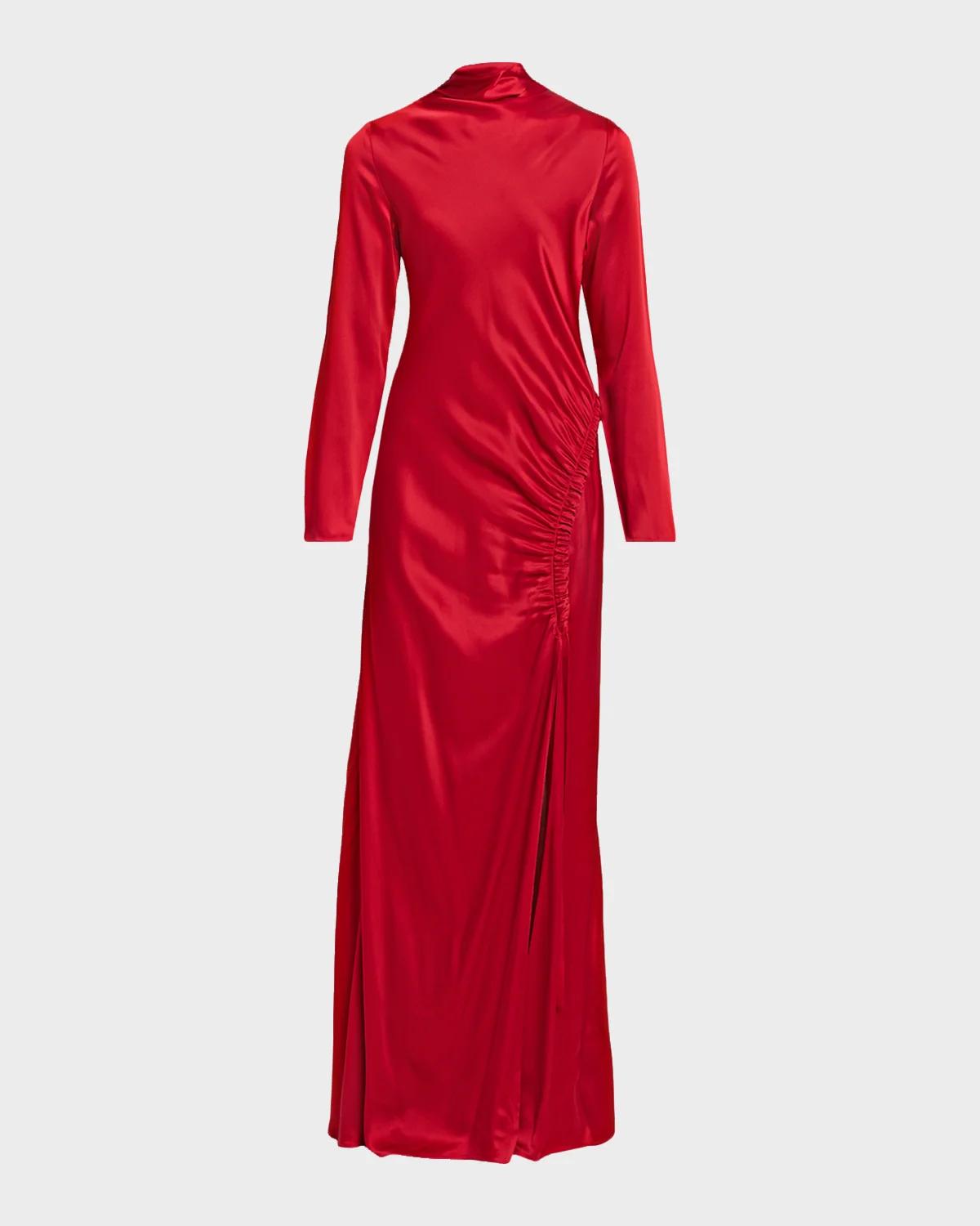 Long-Sleeve Double-Face Satin Ruched Tab Gown