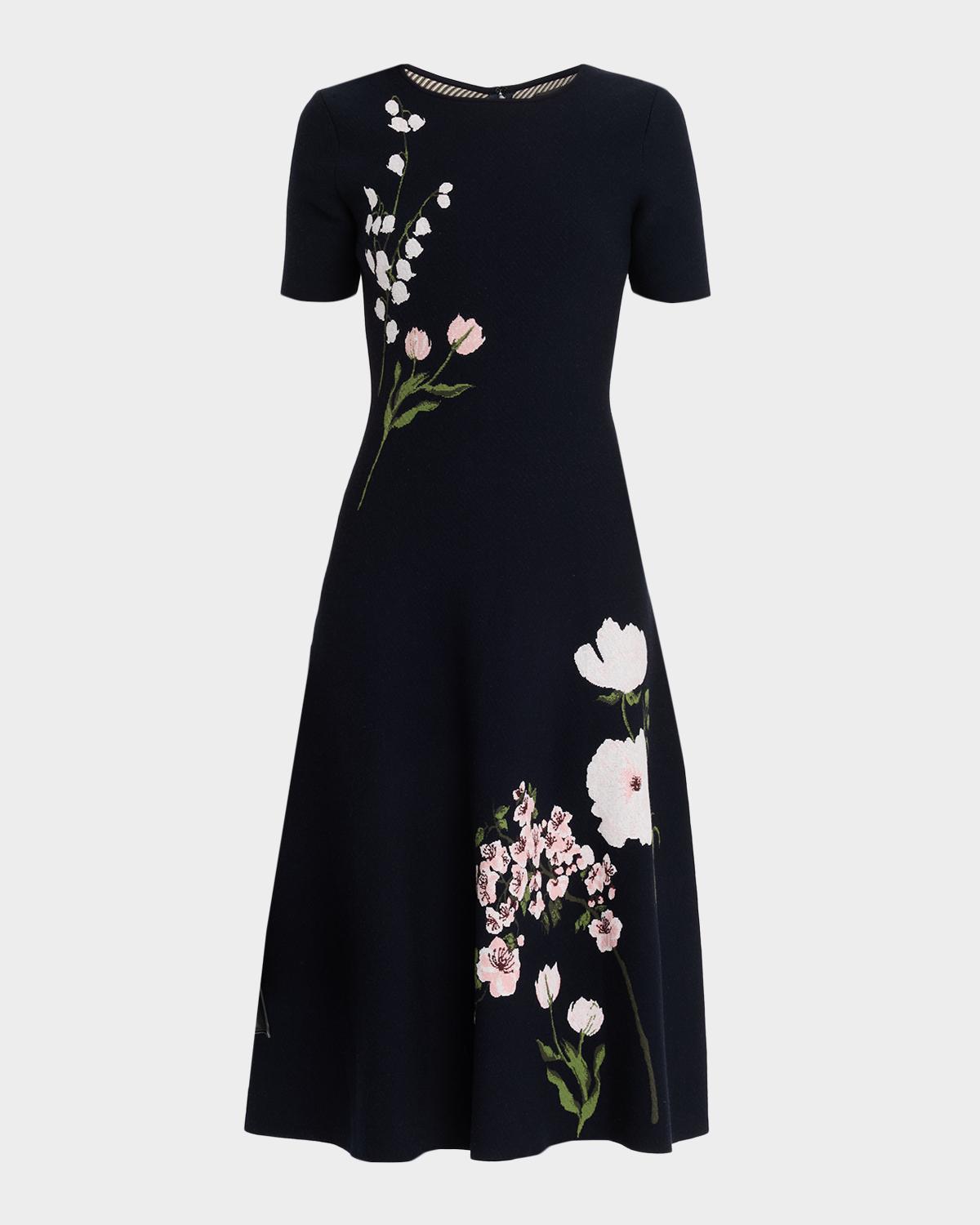 Short-Sleeve Multi Floral Knit Midi Dress