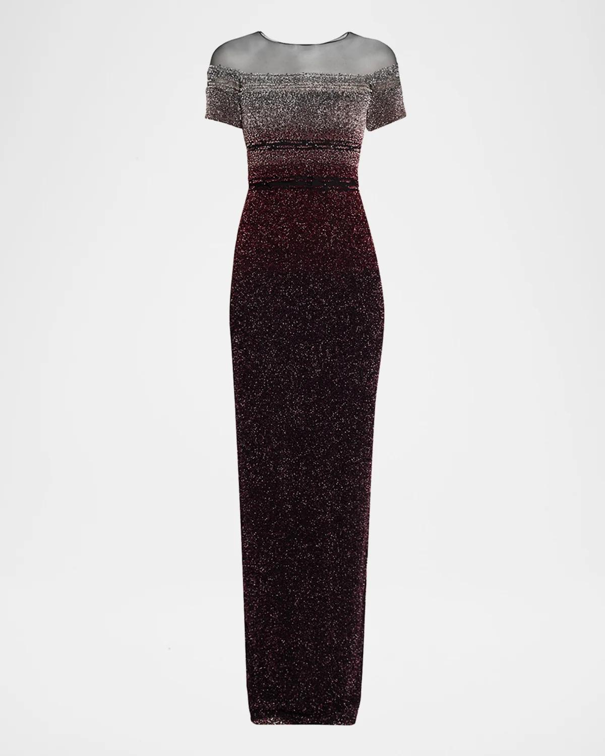 Short-Sleeve Signature Sequined Column Gown