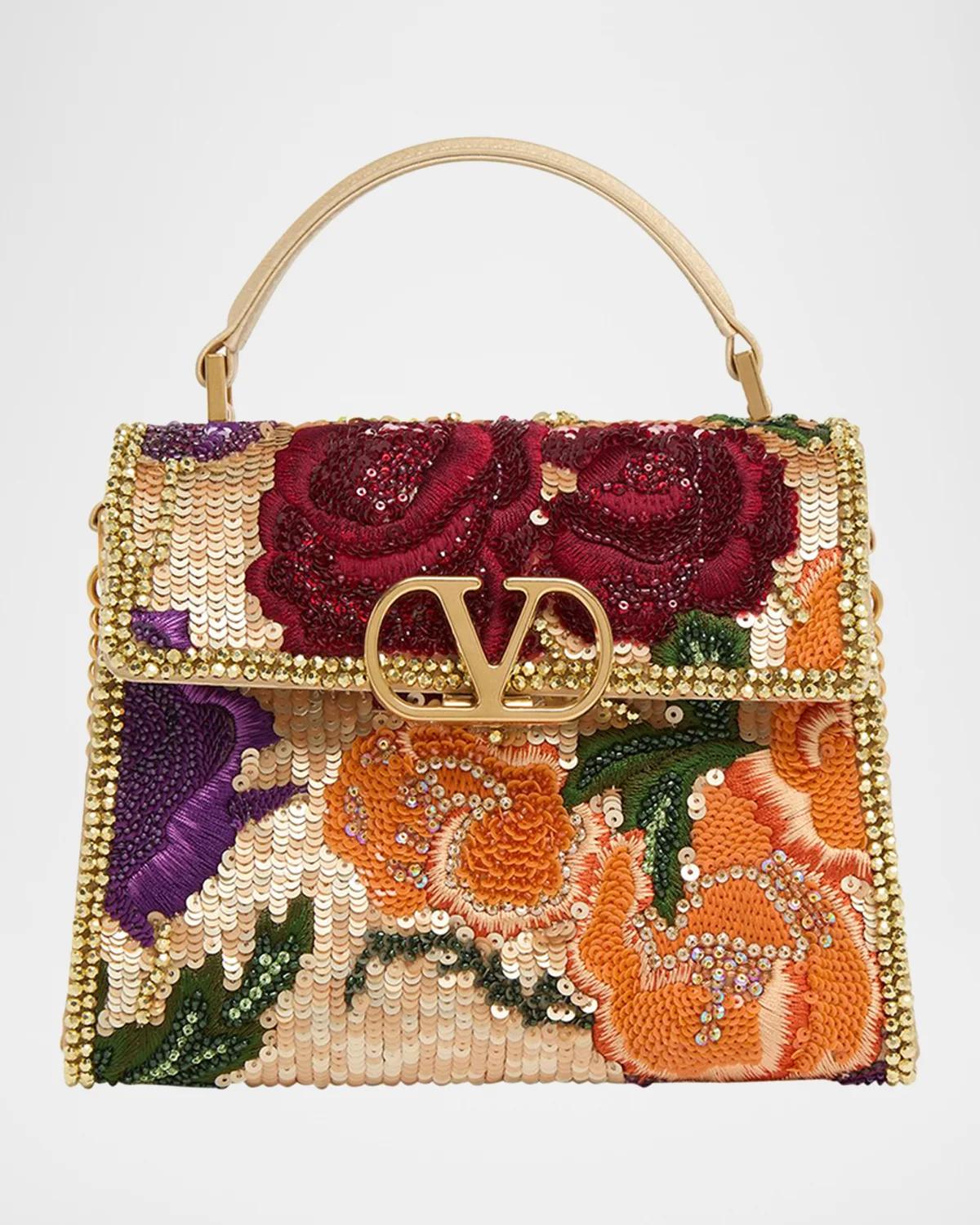 VSling Sequin Floral-Embroidered Top-Handle Bag