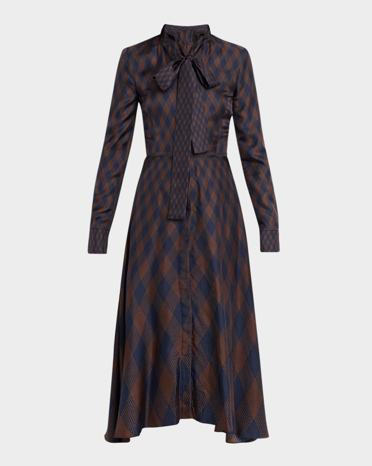 Long-Sleeve Tie-Neck Argyle Silk Midi Dress