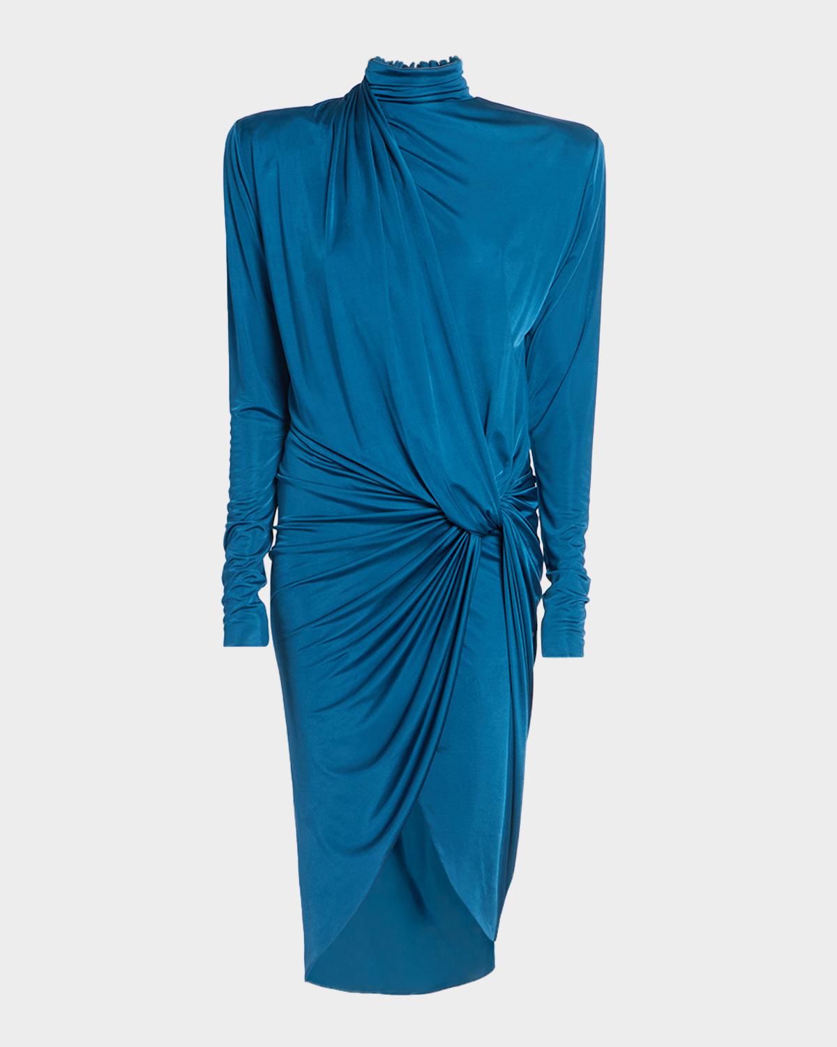 Strong-Shoulder Draped Jersey Long-Sleeve Dress