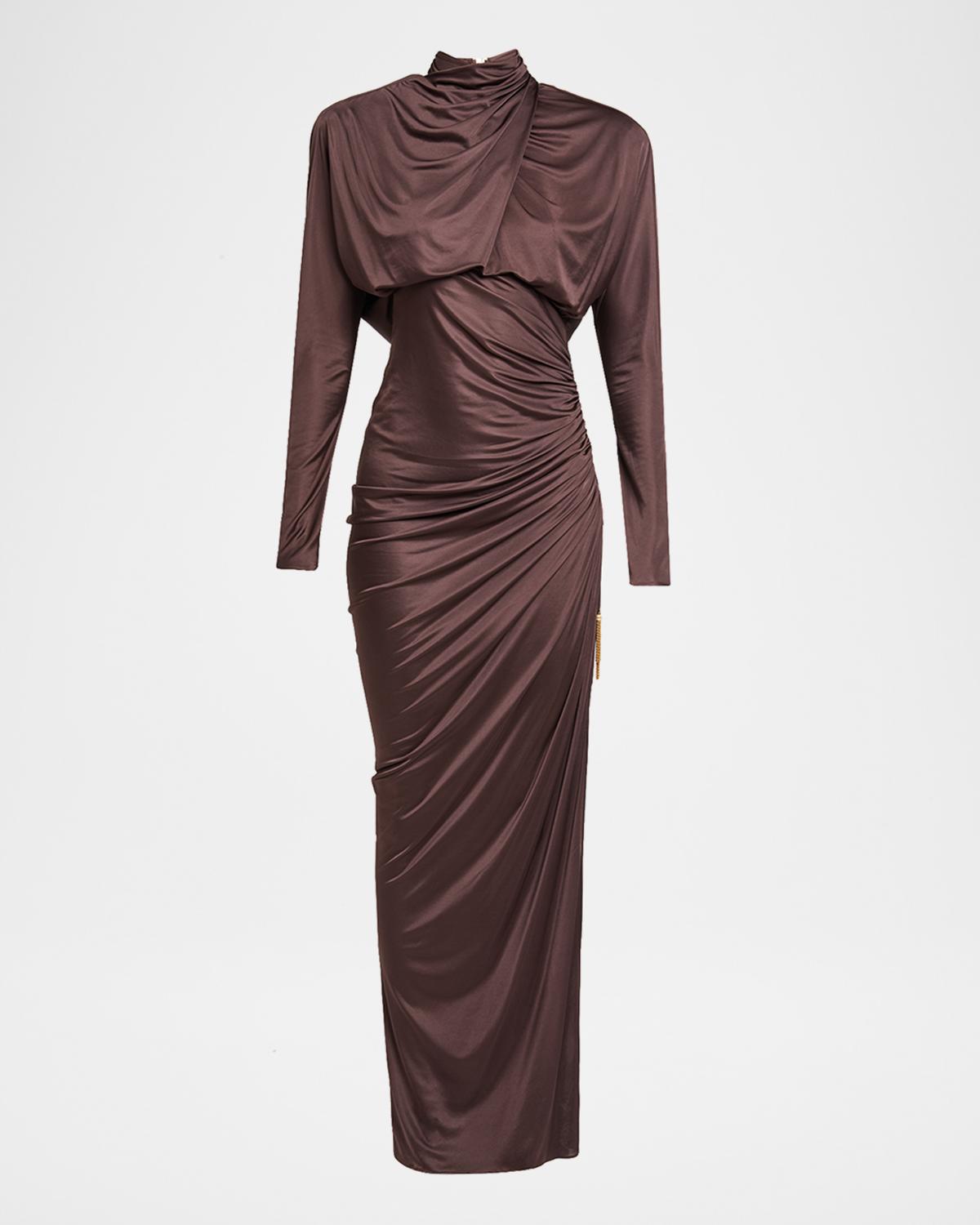 Strong-Shoulder Jersey Ruched Slit Maxi Dress