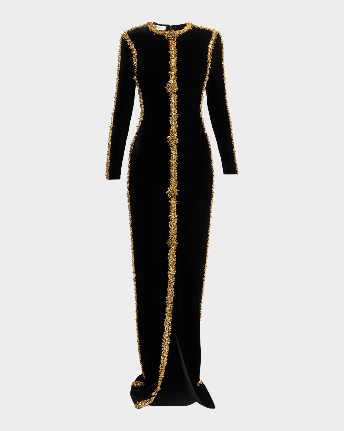 Long-Sleeve Beaded Velvet Maxi Dress