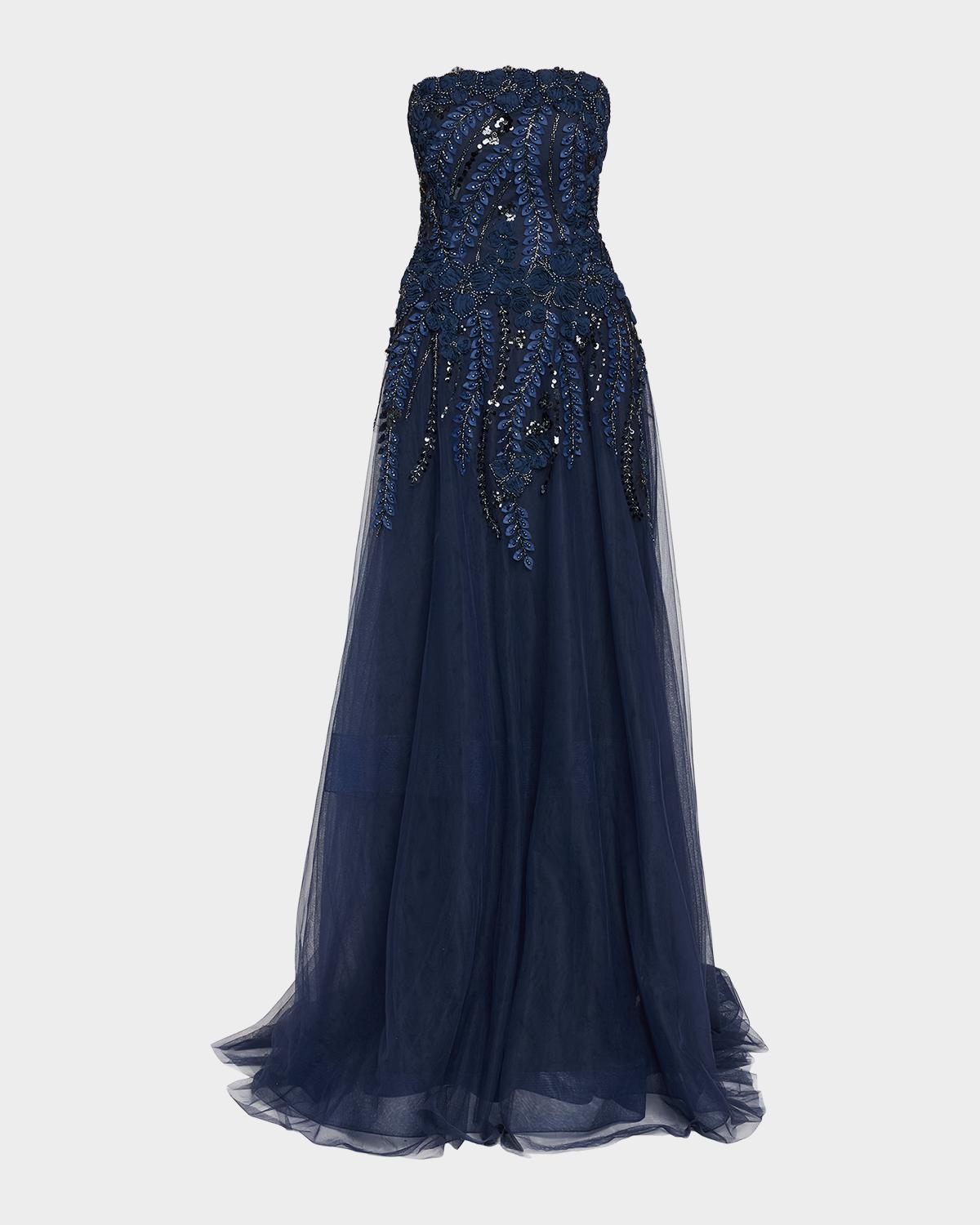 Floral-Embellished Tulle Strapless Gown