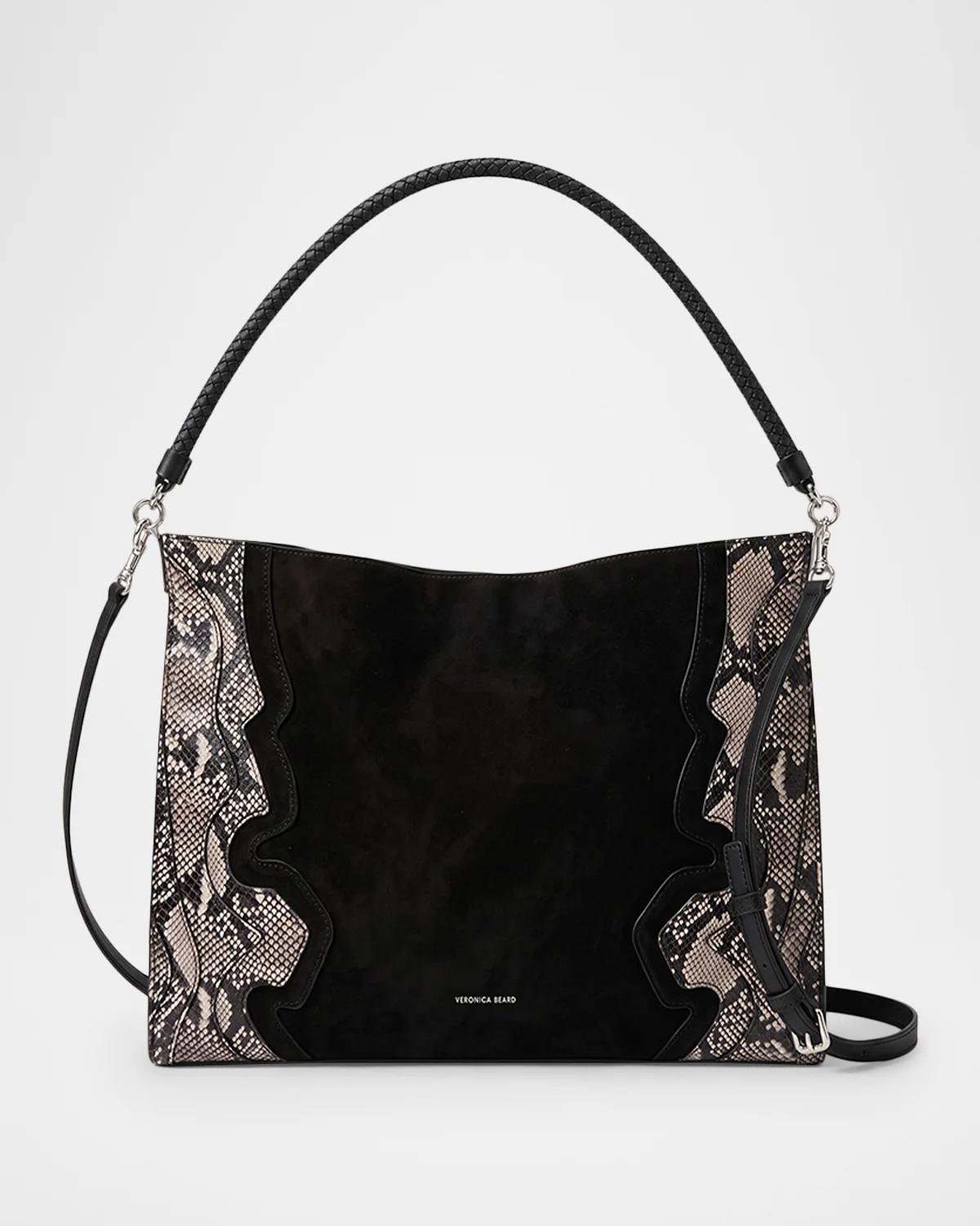 Vida Snakeskin-Embossed Suede Shoulder Bag