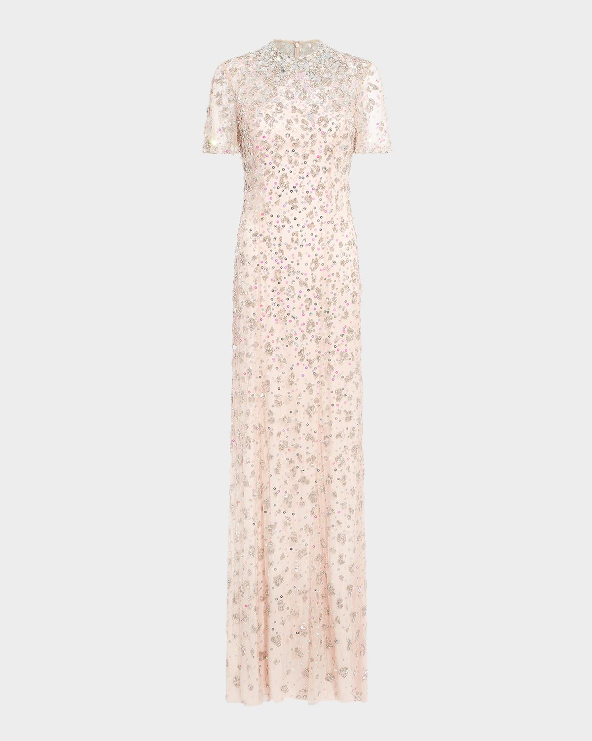 Orchid Crystal Short-Sleeve Column Gown