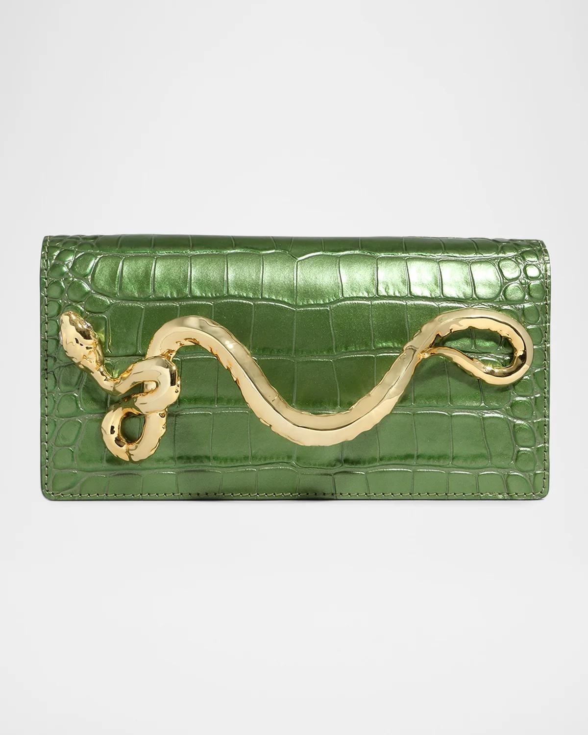 Serpent Pearlized Croc-Embossed Leather Clutch Bag