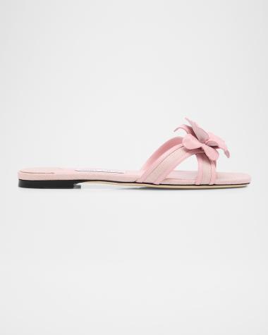 Delani Flower Raffia And Leather Flat Slide Sandals