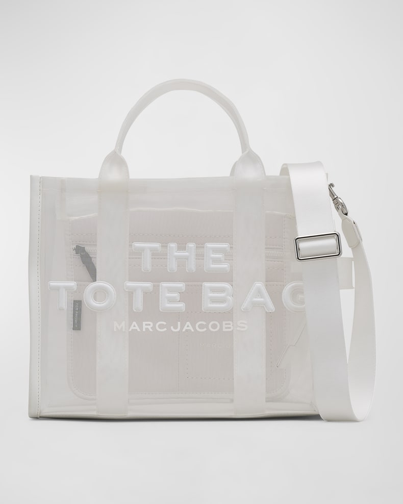 A white handbag with text on it