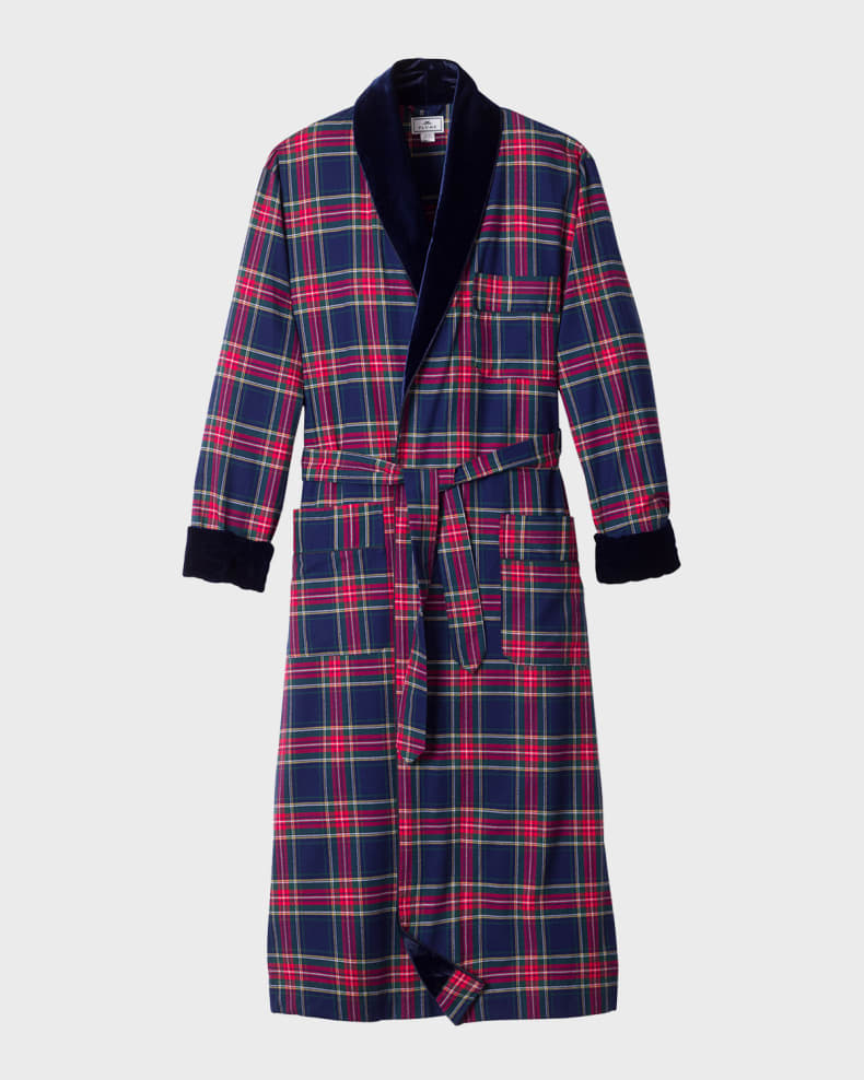 A man wearing a blue and red plaid robe