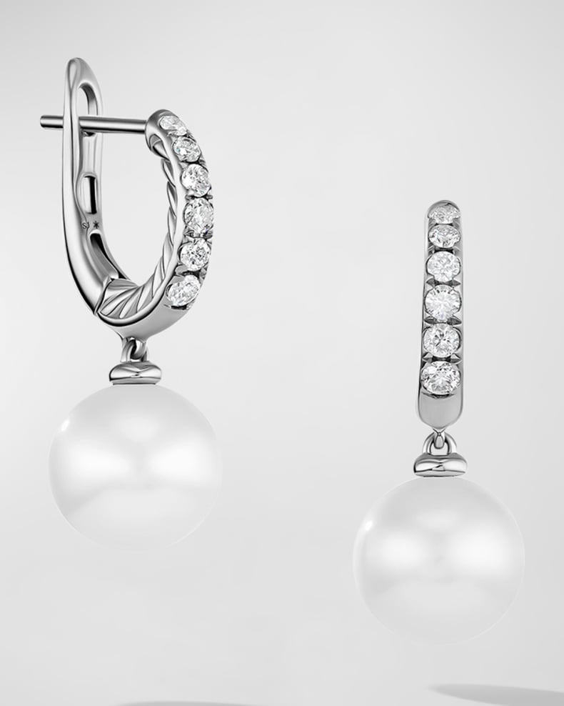 David Yurman Pearl and Pave Drop Earrings with Diamonds in Silver, 9mm