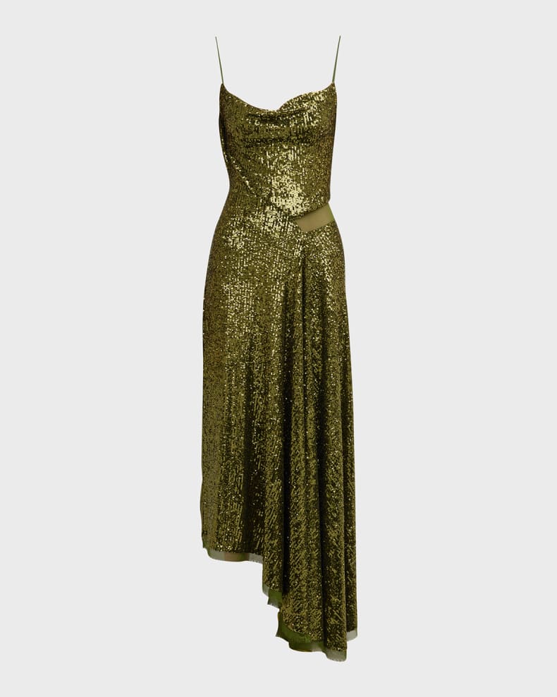 neimanmarcus.com | Asymmetric Sequin Gown with Mesh Inset Detail