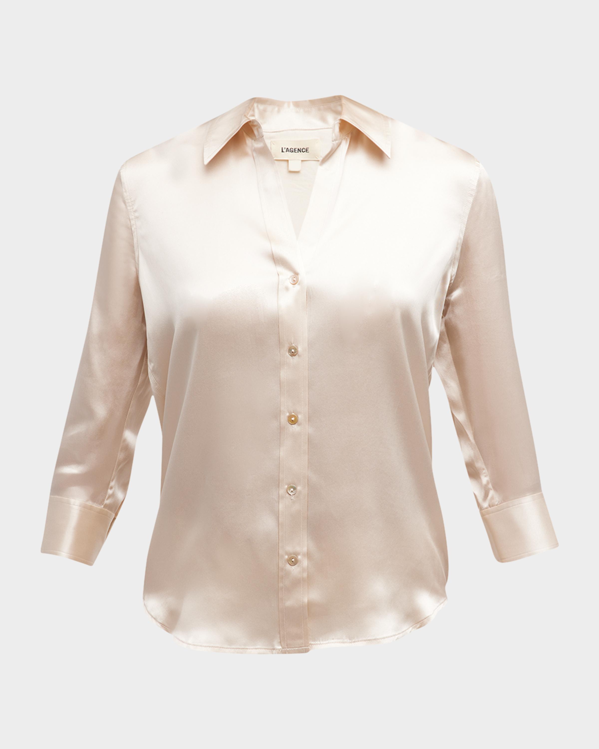 Dani Silk Satin 3/4-Sleeve Button-Down Blouse
