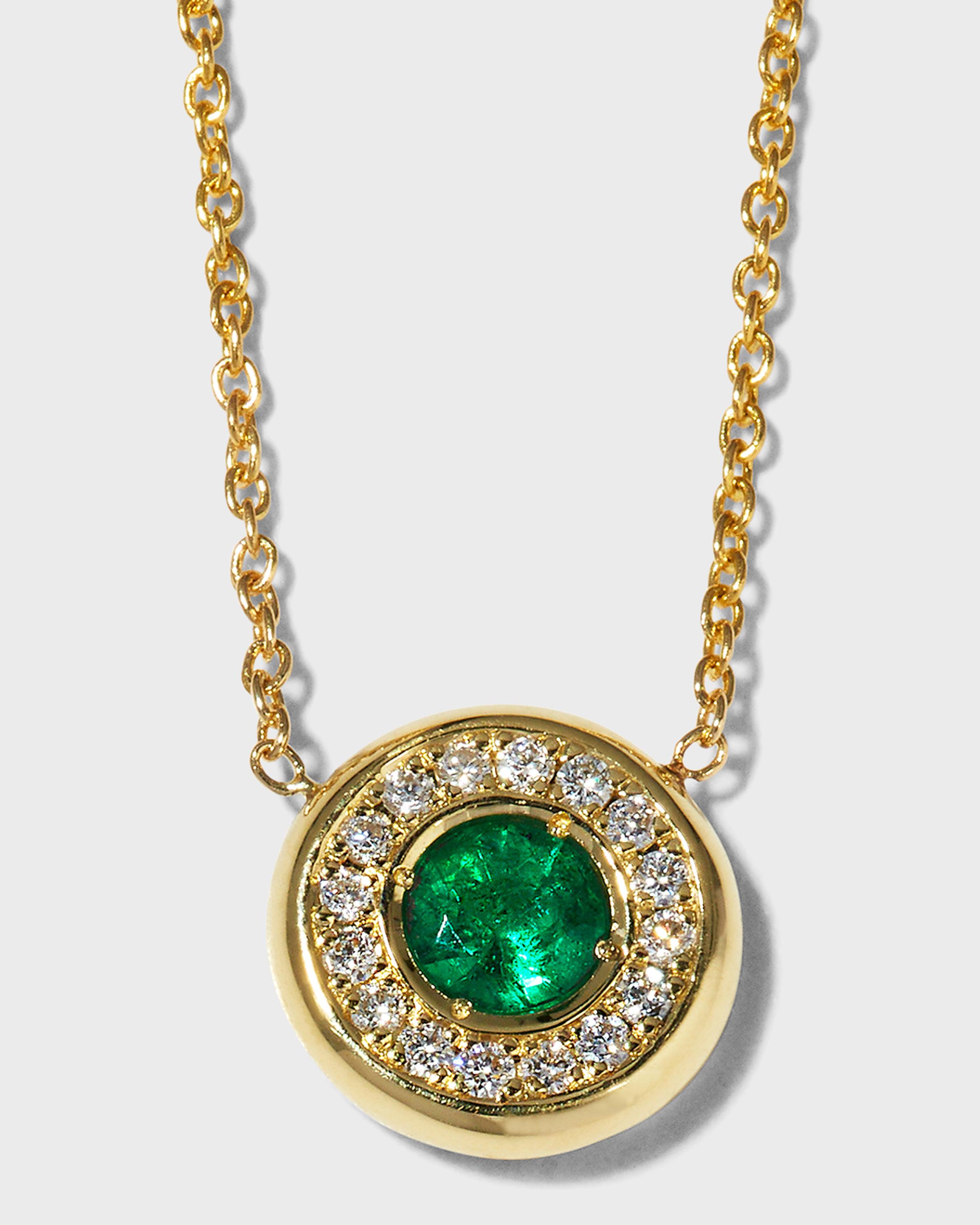 Yellow Gold Emerald Pendant Necklace with Diamond Halo