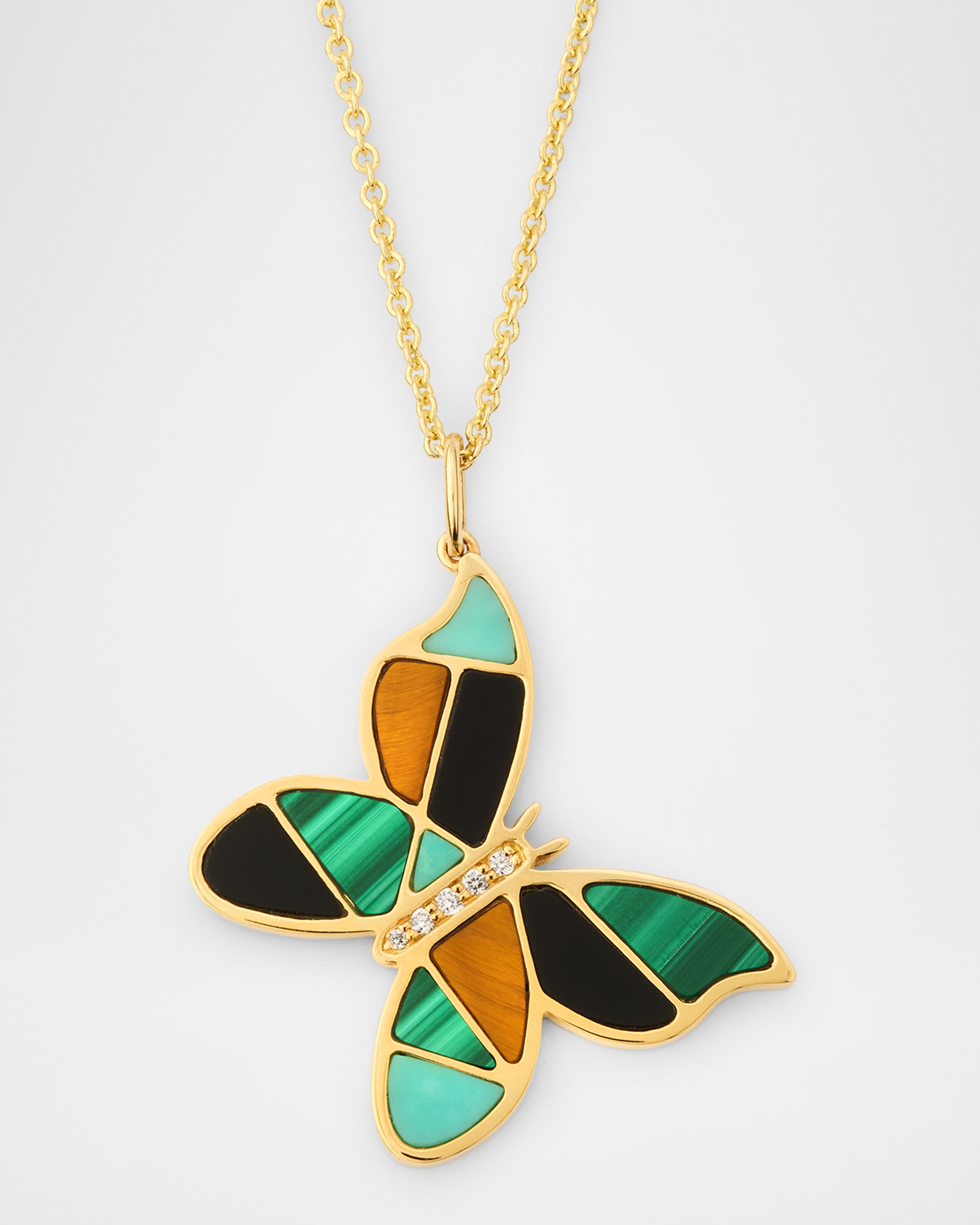 Mosaic Gemstone Butterfly Pendant with Diamonds on Cable Chain Necklace