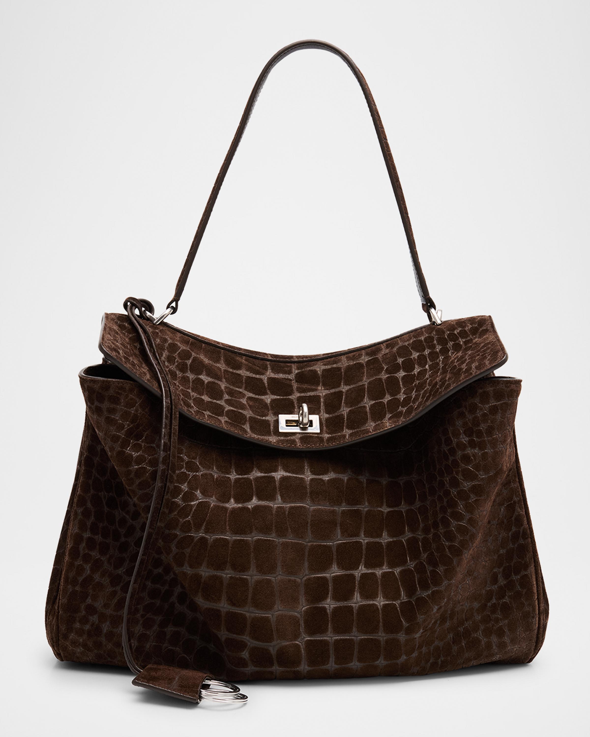 Rodeo Medium Croc-Embossed Suede Top-Handle Bag