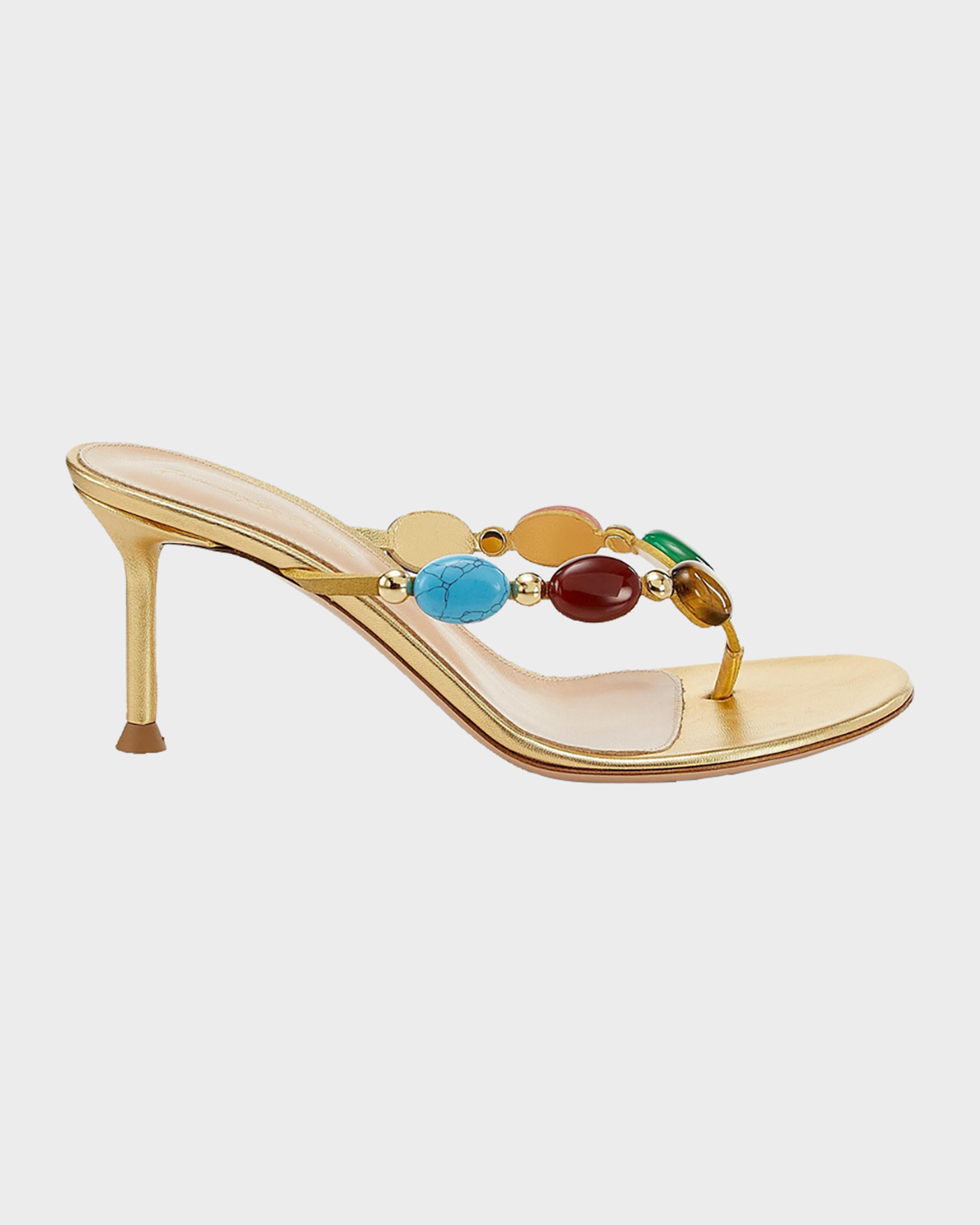 Metallic Suede Cabochon Stiletto Sandals