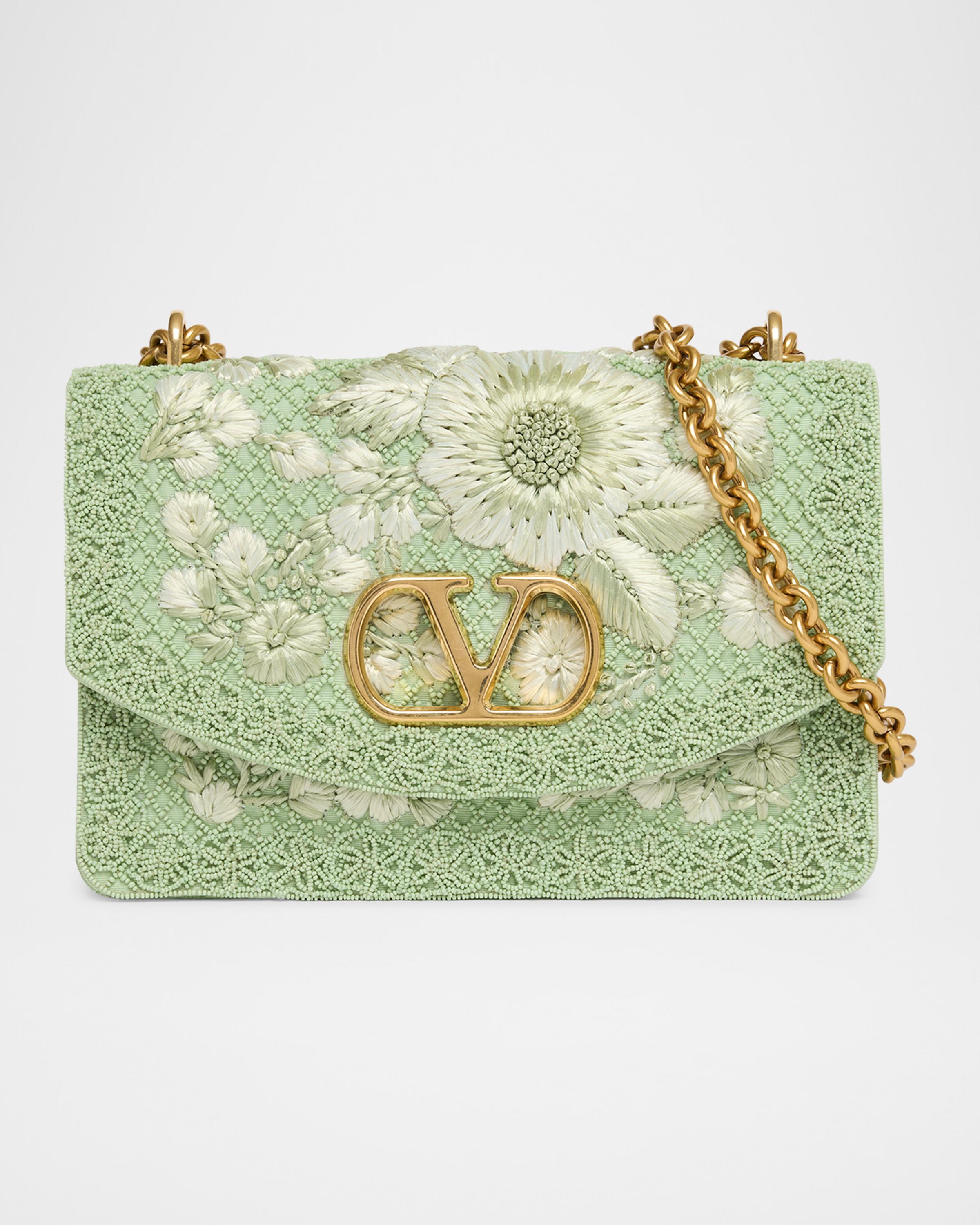 Beaded Floral-Embroidered Moire Shoulder Bag