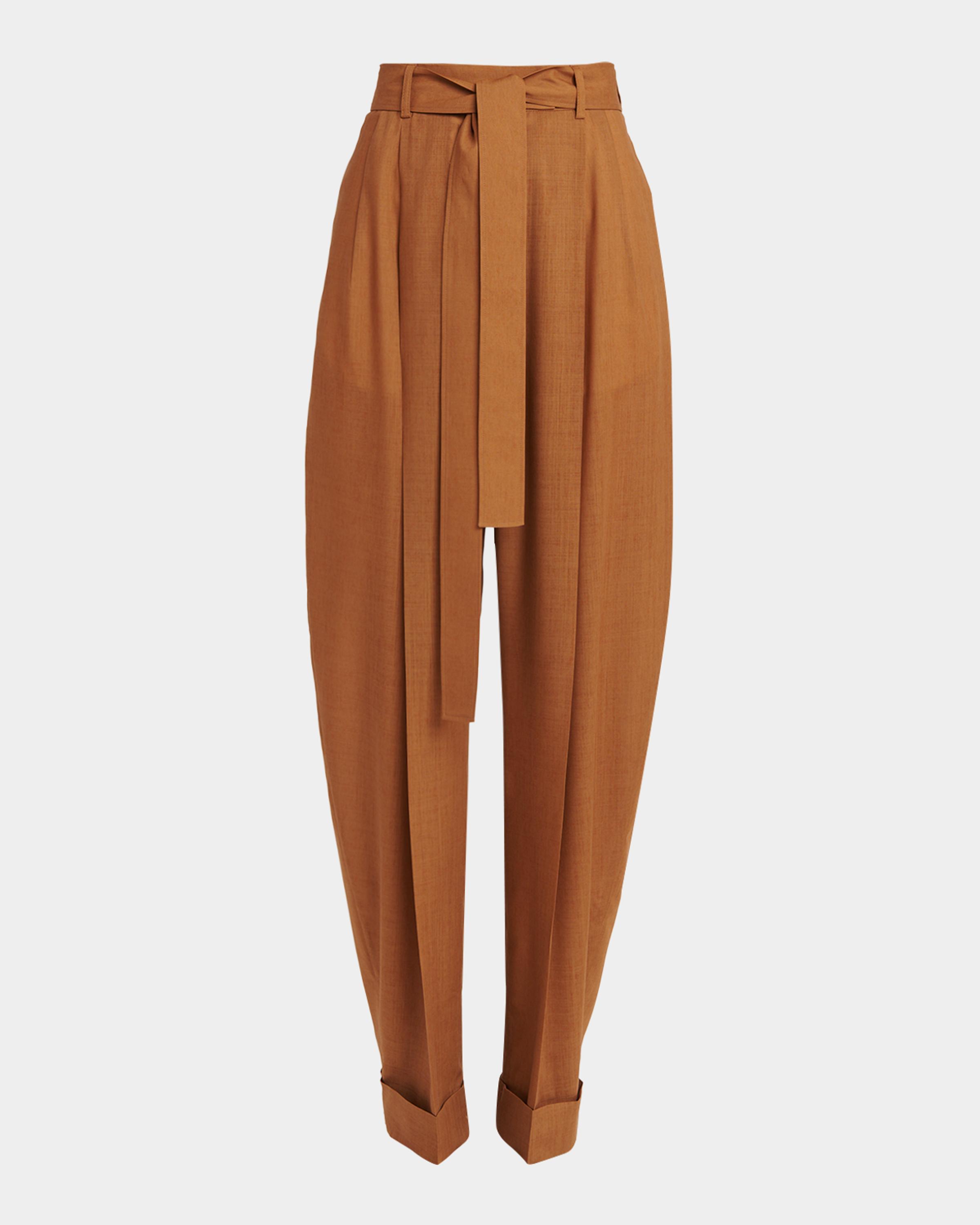 Pleated Wool Barrel-Leg Pants With Belt