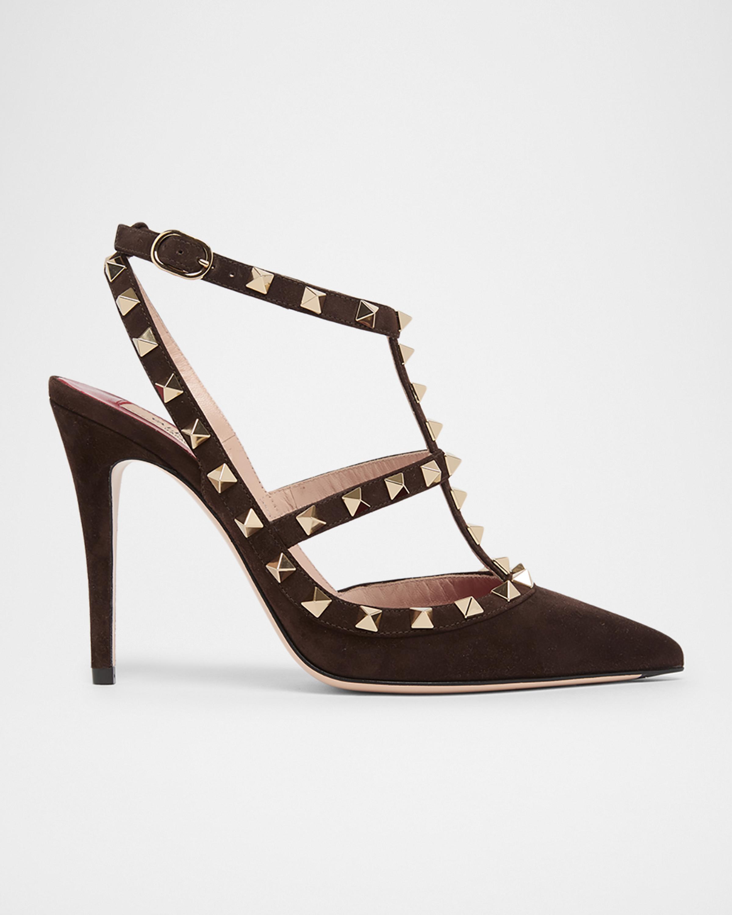 100mm Rockstud Suede Ankle-Strap Pumps