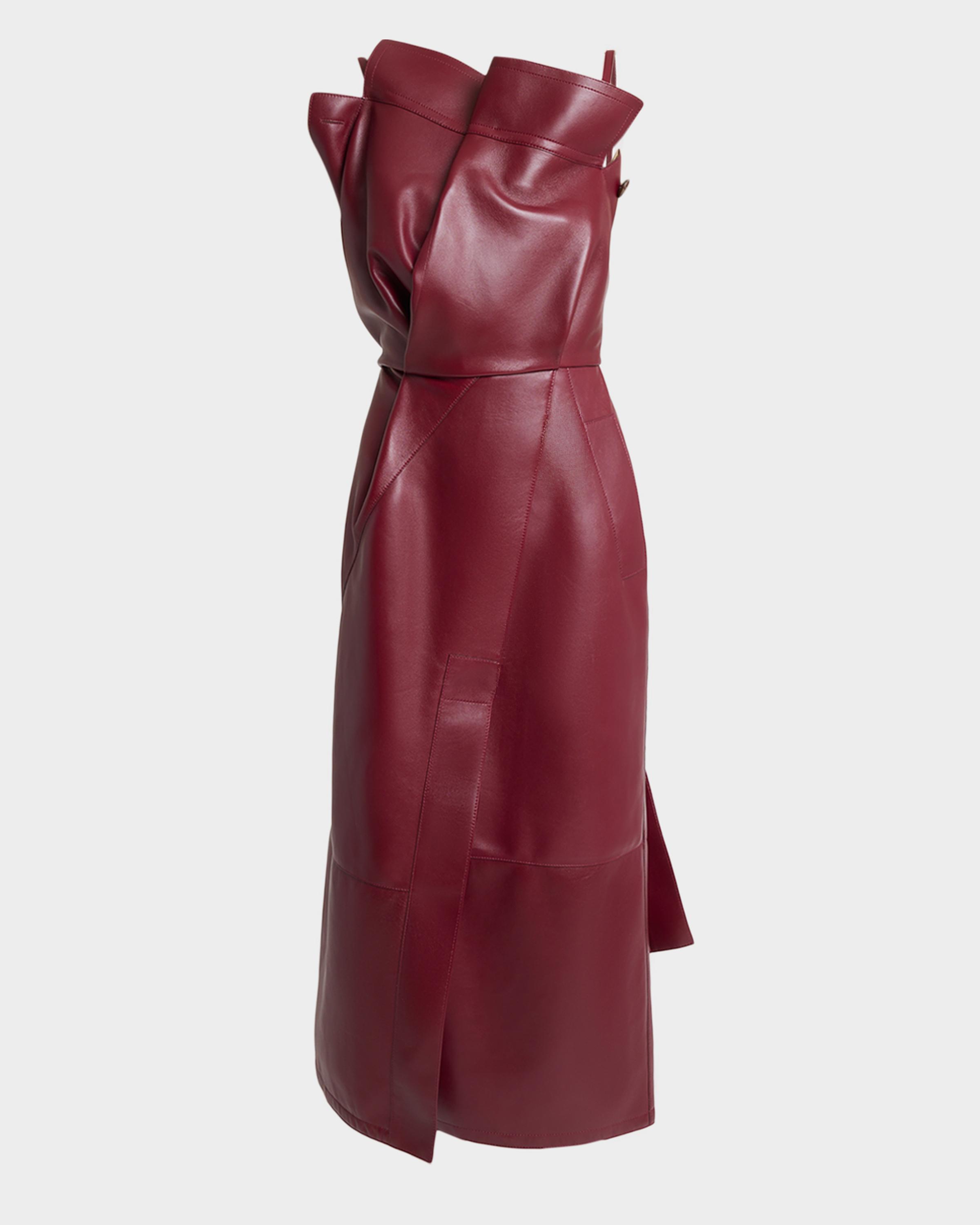 Asymmetric Ruffle Leather Midi Dress