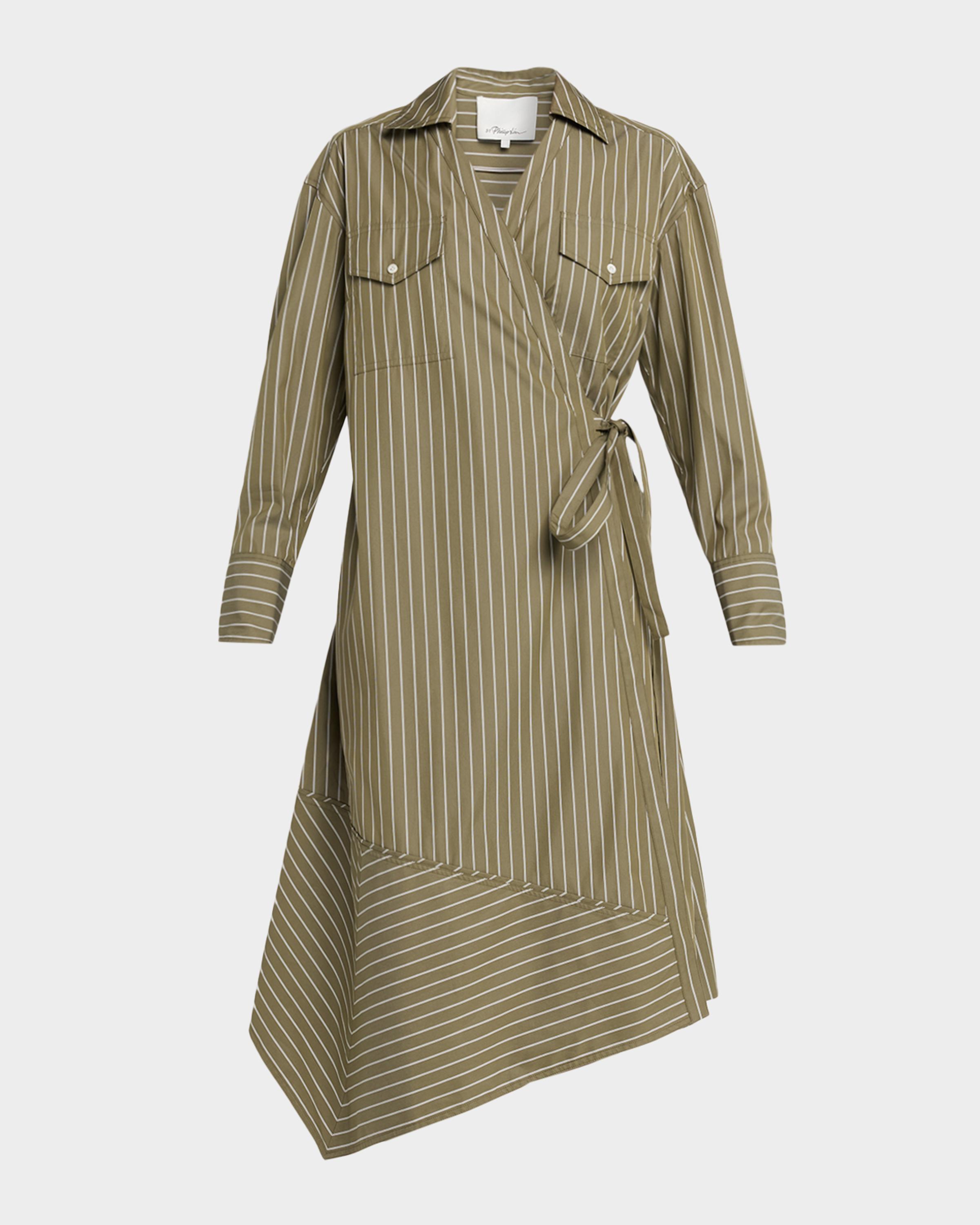Asymmetric Stripe Poplin Wrap Dress