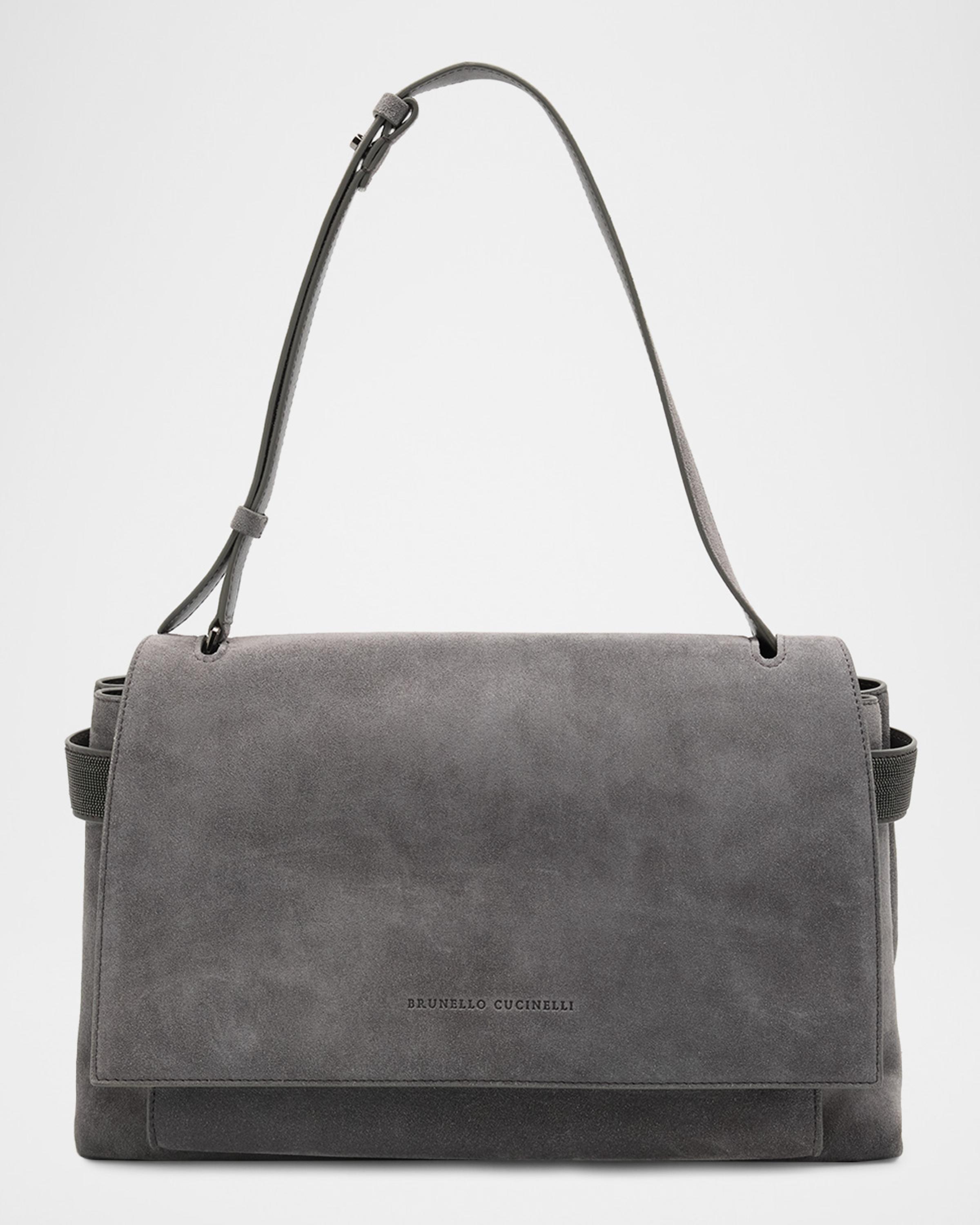 Monili-Trim Suede Top-Handle Bag