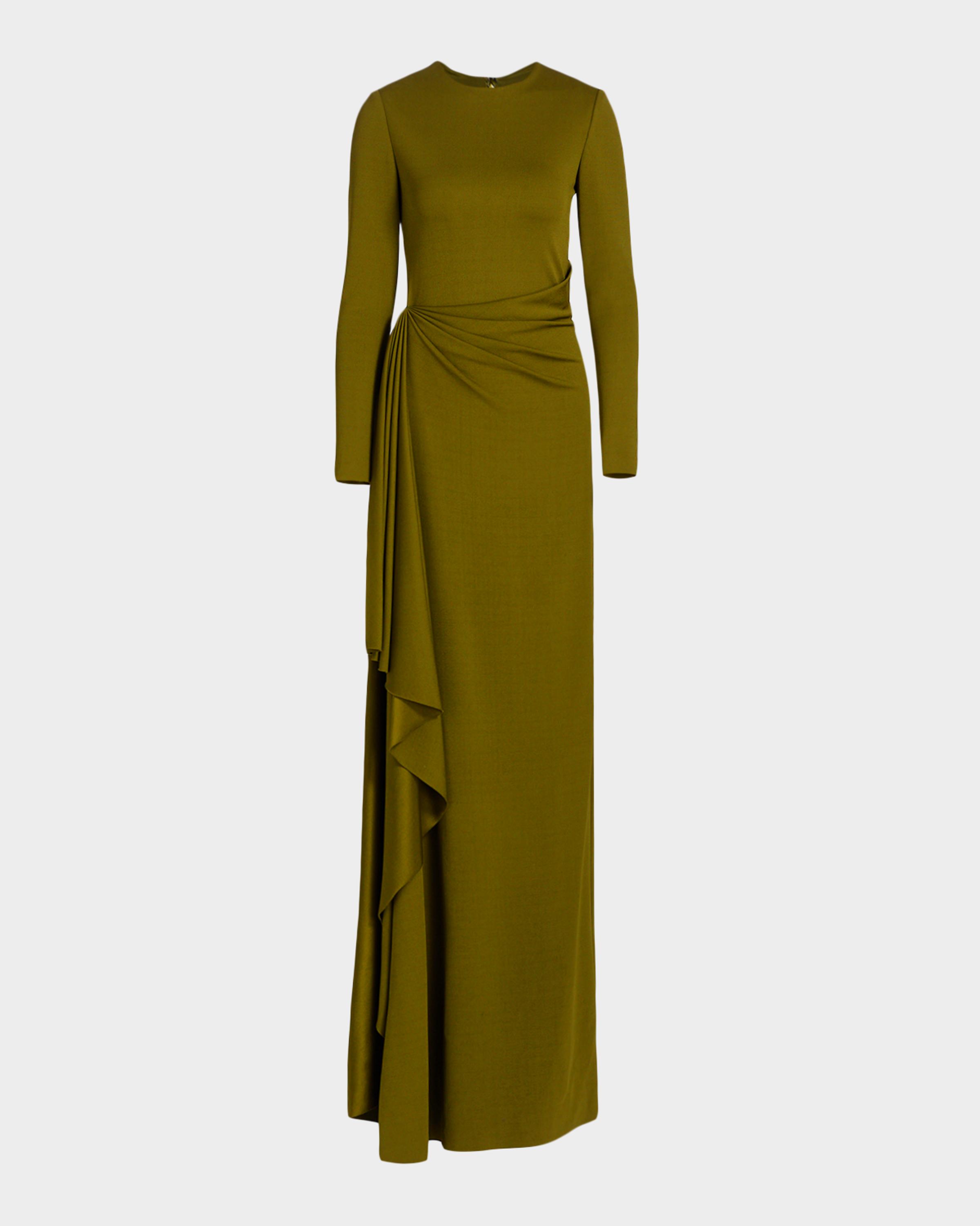 Long-Sleeve Draped Satin Jersey Gown