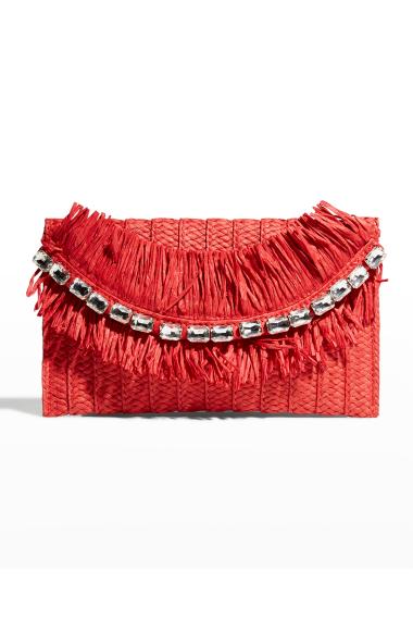 Borsa Tote BTB Los Angeles In Paglia Rossa Con Cristalli E Frange – Manico Superiore - Foto 3